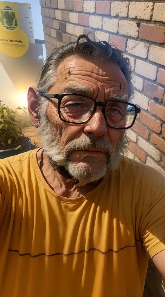 An old farmer in a dystopian future, struggling to produce food on the farm, Controlled by large corporations, We have to deal with chemical pesticides and a lack of natural resources, Dreaming of simpler, more sustainable times.