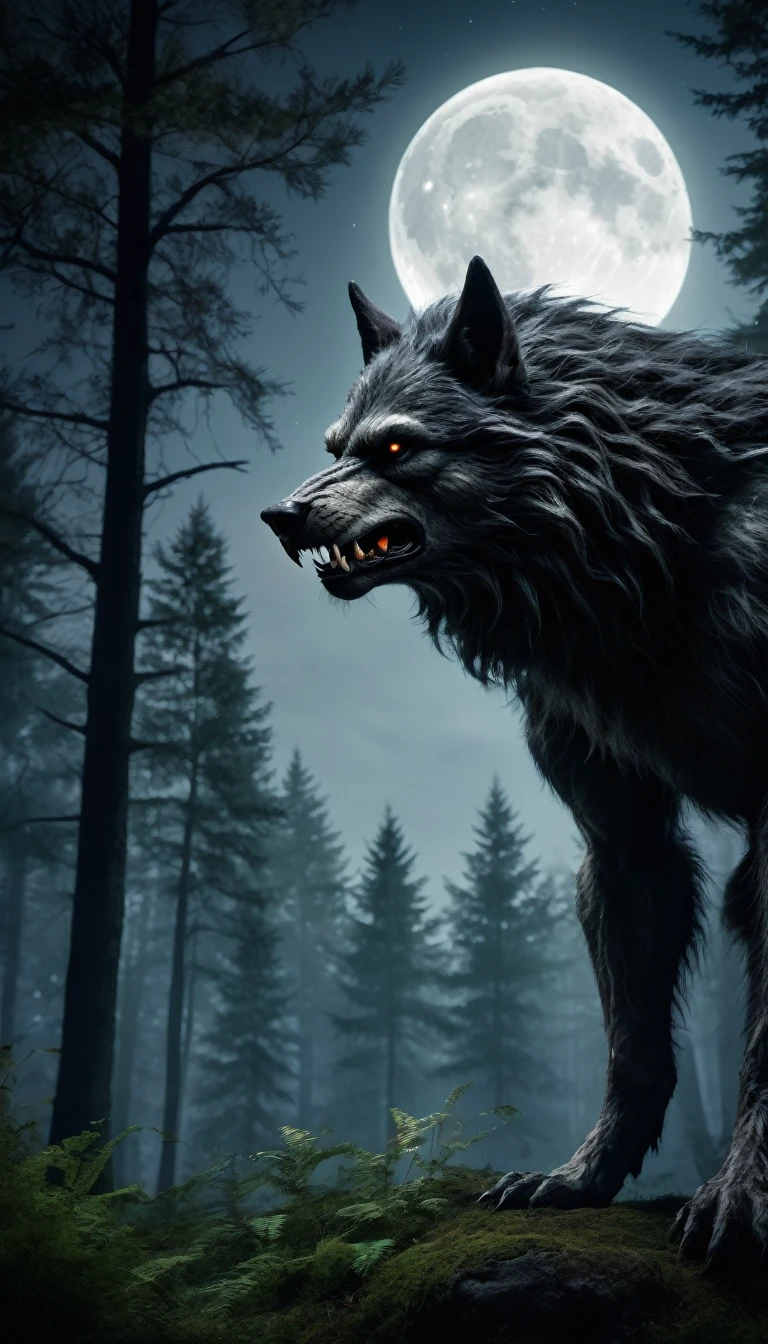 An image of a man in the form of a werewolf in the forest with full moon, PICTURE REALISTIC, high resolution, 8K 