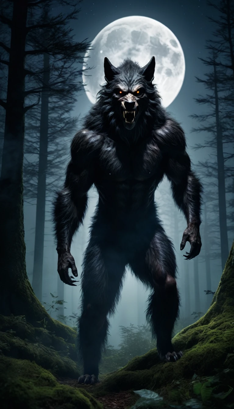 An image of a man in the form of a werewolf in the forest with full moon, PICTURE REALISTIC, high resolution, 8K