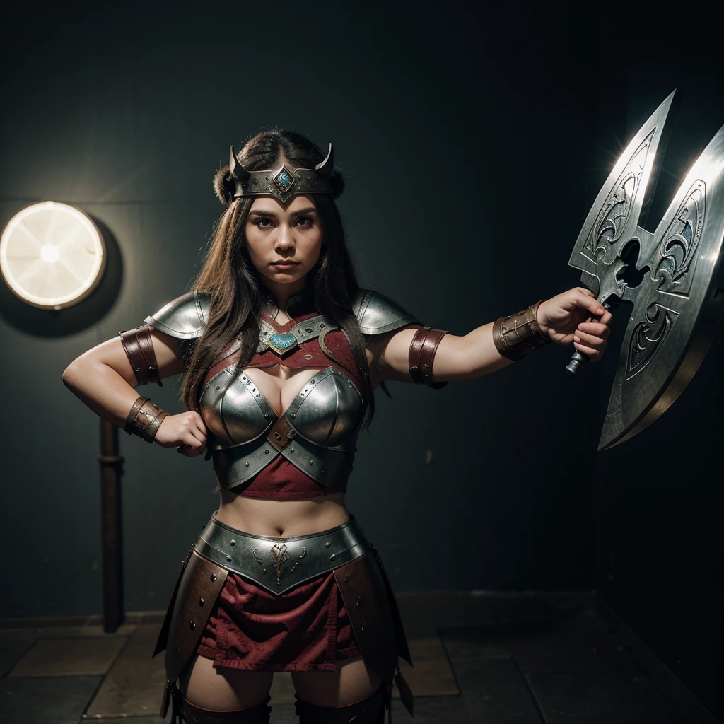 A 16-year-old warrior girl with long, wavy black hair and intense blue eyes that reflect light and dark flames. She has an athletic and toned body, standing 1.75m tall. Wearing a majestic armor made from the remains of the Supreme Dragon God: a helmet with black and gold scales adorned with protective runes, a breastplate that glows with internal light and inscriptions, gauntlets and gloves made from dragon claws that enhance strength, a belt of dragon leather and scales for extra resistance, and reinforced greaves and boots for agility and impact absorption. She wields a longsword made from the dragon's tail, engulfed in dark flames, a bow made from dragon ribs with elemental arrows, and a dagger crafted from the dragon's horn, enchanted with poison magic. The scene is set at sunset on a battlefield, with a sky ablaze in orange and red hues
```