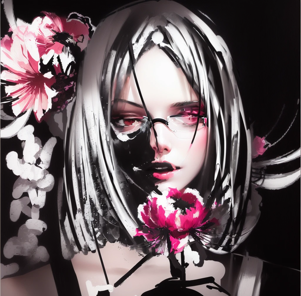 Painting of a woman with glasses and a flower in her hair, in the style of black and white graphics, Girl with flowers, graphic style, female portrait with flowers, expressive digital painting, Spider lily, Flowerpunk, based on Emily Shanks, digital painting style, girl with flower face, inspired by Shinoda Toko, made in an anime artist&#39;s studio