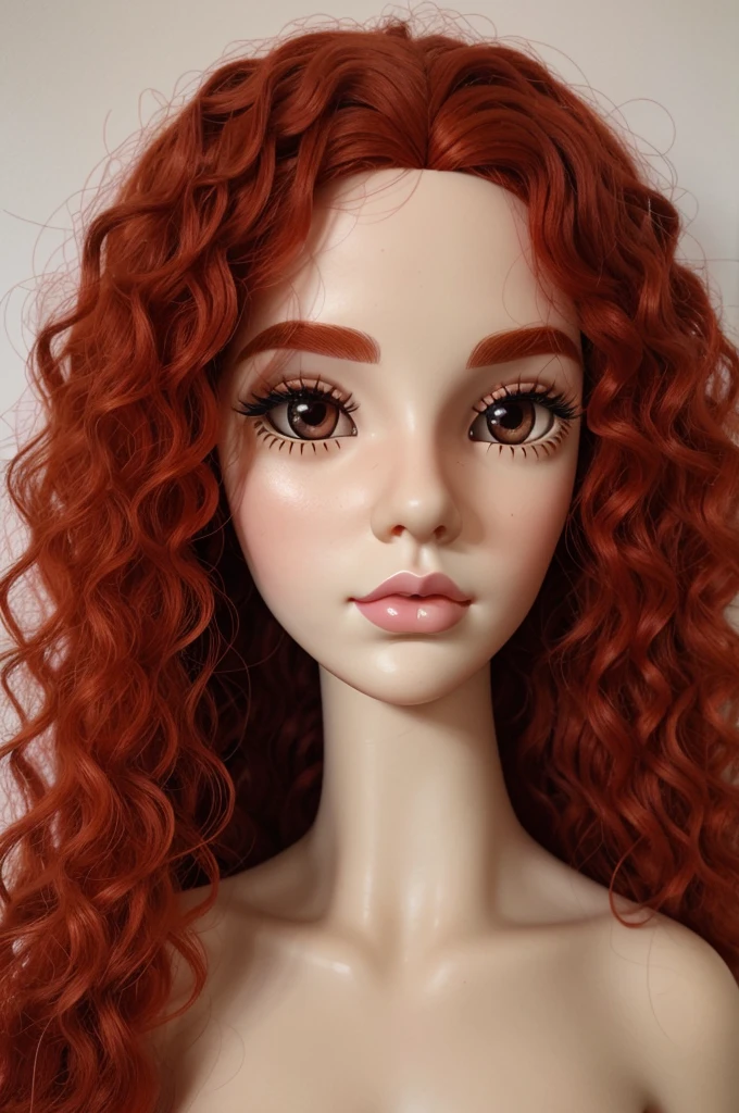Blythe doll, with red hair, curly hair, White skin, pink lips, Brown eyes, eyebrow piercing, Nose piercing, lip piercing