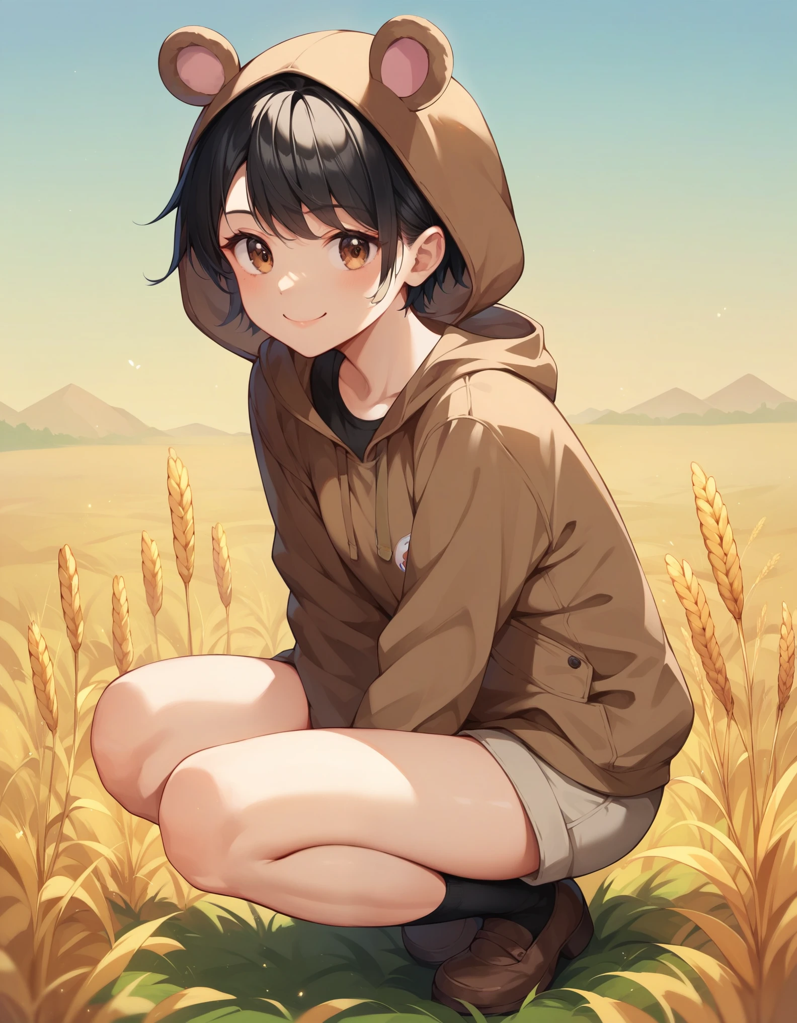 Score_9, Score_8_up, score_7_up, score_6_up, solo, 1girl, 1pokekid1, black hair, short hair, brown eyes, brown onesie, brown hood, brown footwear, black socks, fake animal ears, fake tail, smile, full body, wheat field