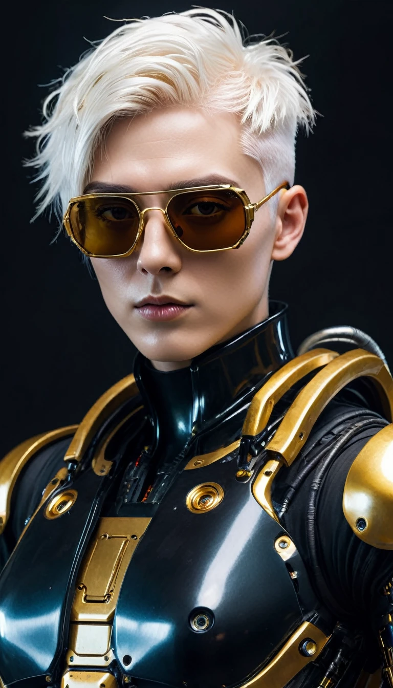 a close up of a robot with a futuristic look on his face, sunglasses with gold frames, very short white hair, calvo, portrait of an android, dark cyberpunk illustration, portrait of a cyberpunk cyborg, portrait of a space cyborg, detailed portrait of a cyborg, cyberpunk artstyle, portrait of a cyberpunk machine, portrait of a cyberpunk man, deep cyberpunk mechanoid, psychedelic organic cyborg