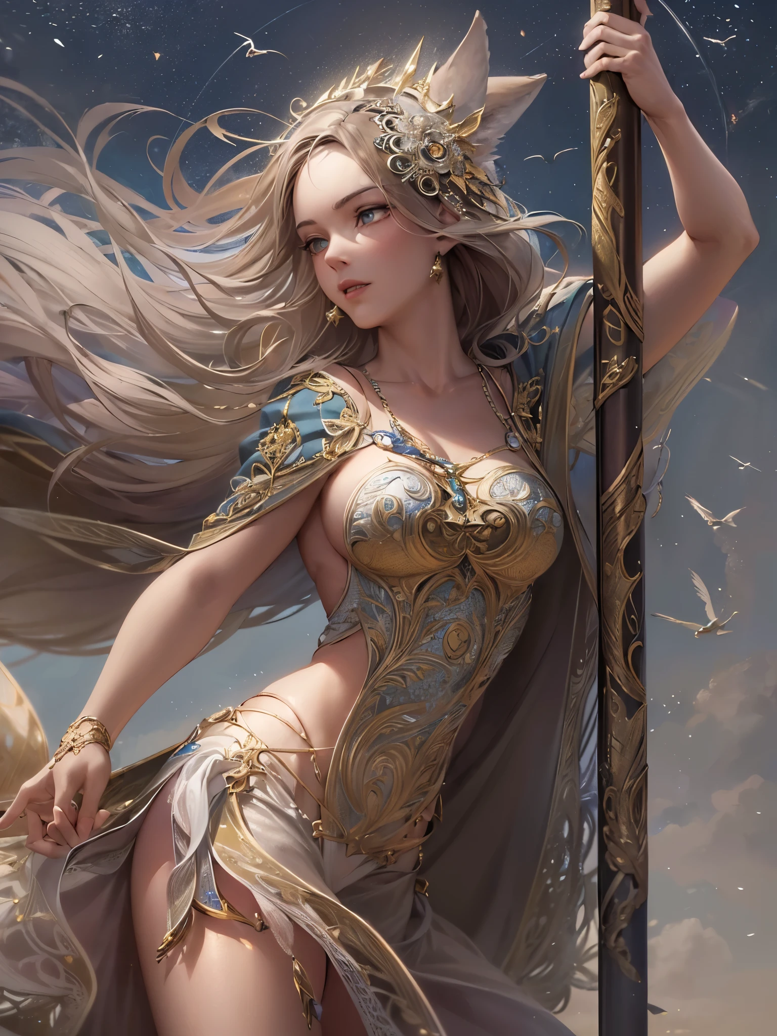 ((Highest quality)),(Ultra-high resolution),(Ultra-detailed new),(Detailed Description),((The best CG)),(masterpiece),Highly detailed art,A wonderful new art form,(Art with precise details:1.5), (woman:1.4),(Intricate and detailed:1.7),(Beautiful and well-proportioned face:1.6),(Straight face:1.4),(Pole Stand:1.9),(Lustrous fur:1.4),(Raise the Lance:1.5),(Dynamic Pose:1.5), (Dust rising:1.7), (The wind blowing through:1.5), (Flying Light:1.6), Fantasy:1.6,