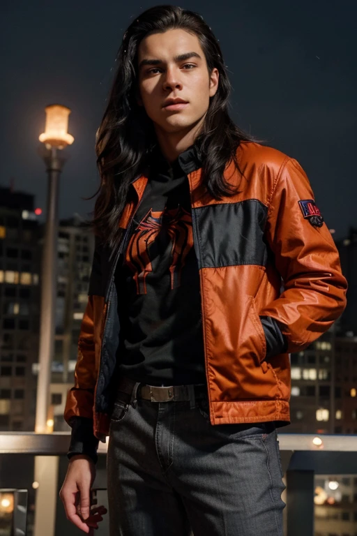 Dylan is a 16-year-old teenager known for being SPIDERMAN and for his exceptional ability to jump off buildings... According to tradition, It is said that he had a light complexion, long wavy black hair, and charming slanted black eyes. She is often depicted wearing the traditional Spider-Man costume in orange and red colors., consisting of a red jacket with denim sleeves and loose gray pants that fall elegantly over his body. The appearance of this is often compared to that of the streamer quackity., with delicate features and an appearance of innocence His bravery is celebrated in every city and has inspired young people and saved people around the city... high resolution, ultra detailed, and comic.