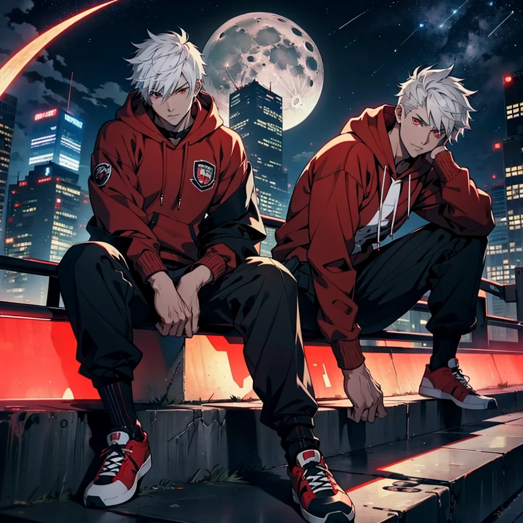 Male anime boy , short white hair, red eyes, wearing red hoodie, black cargo pants, sitting, city, night, moon and stars in sky, absurdres, high res, ultrasharp, 8K, masterpiece, looking at viewer