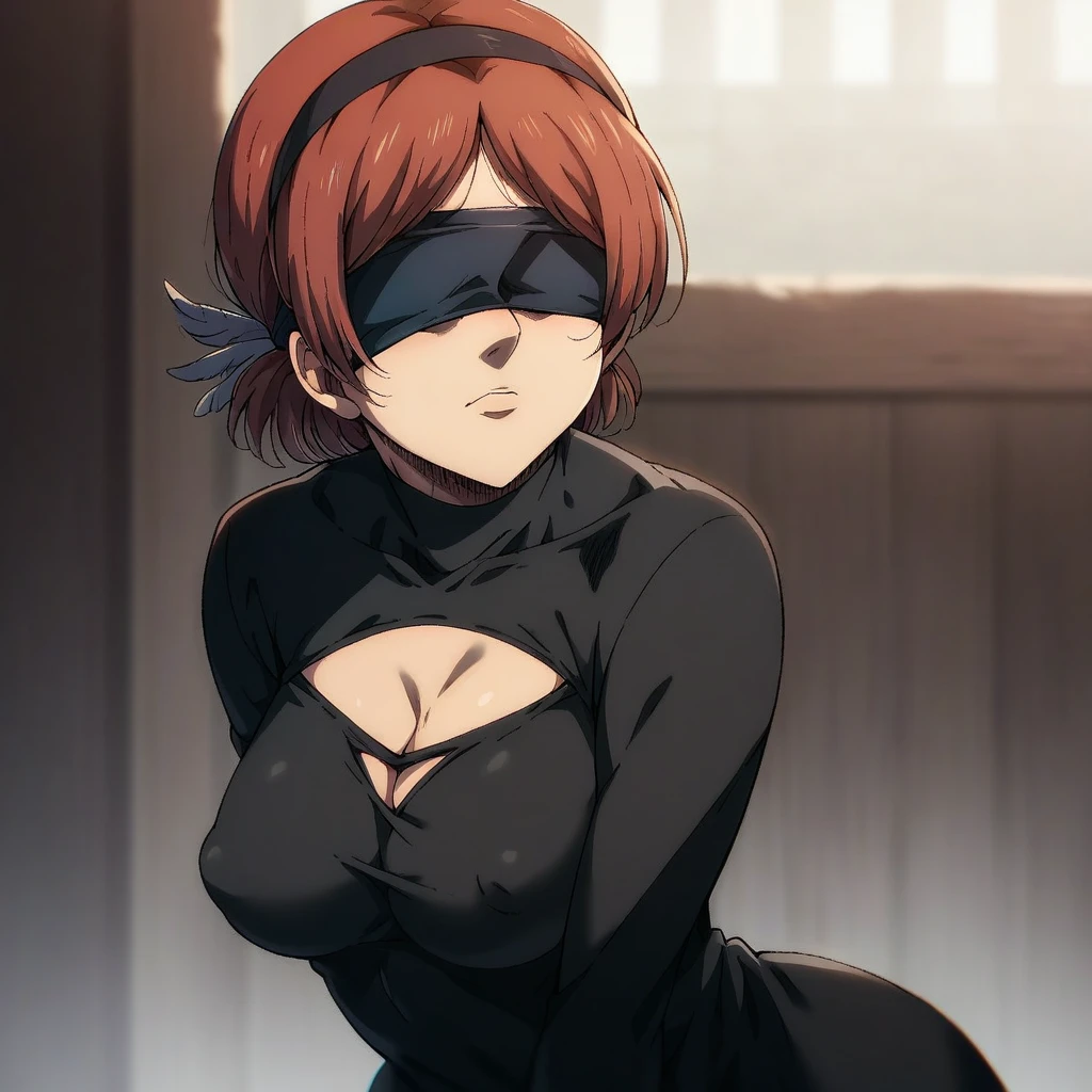 shingeki_no_kyojin_s4_style, portrait, solo,type2b,blue_blindfold,black_hairband,black_dress,cleavage_cutout,feather-trimmed_sleeves,red_hair,
covered_nipples