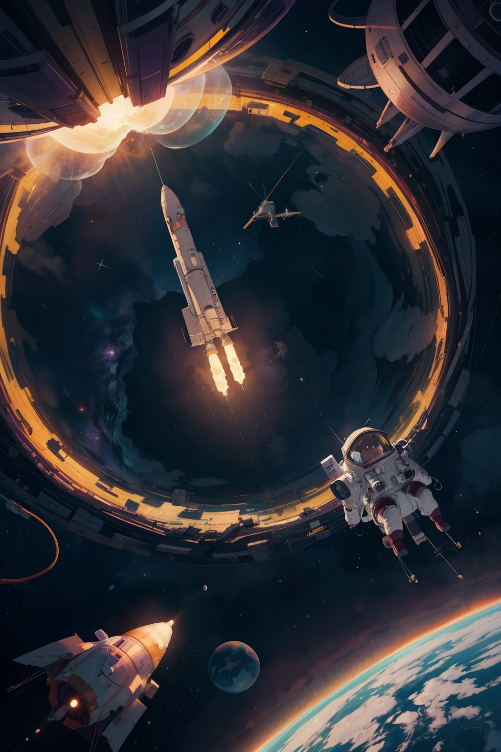 ((melhor qualidade)), only one rocket all white on the space with purple color in the background with astronaut flying