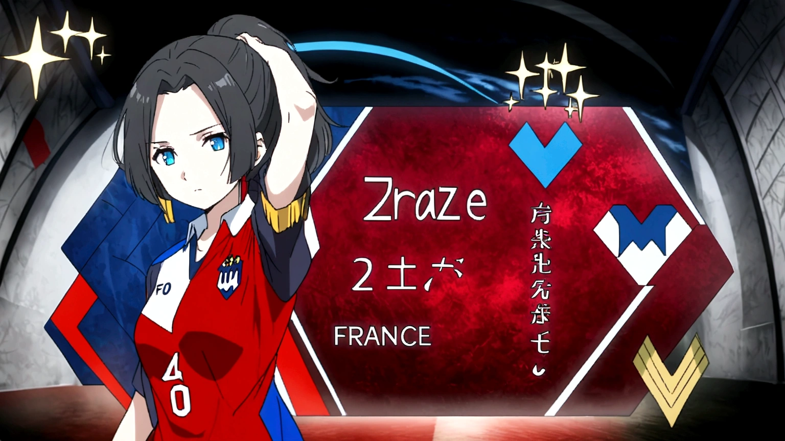 (anime,2D)Women,soccer player,black fur,wide,fringe,collected in a ponytail,clear skin,Light blue eyes,France national team clothing.