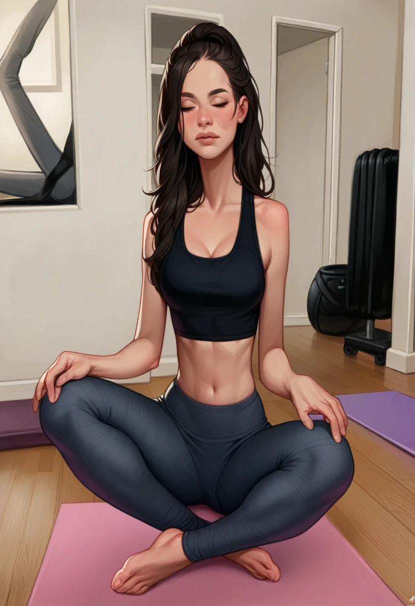 a woman sitting on a yoga mat in a room with a pink mat, violet myers, stoic pose, meditating pose, meditation pose, lotus pose, satisfied pose, full body pose, sitting pose, relaxed pose, powerful pose, symmetrical pose, yoga pose, yoga meditation pose, cool pose, fit girl, natural pose, attractive pose, fully body pose