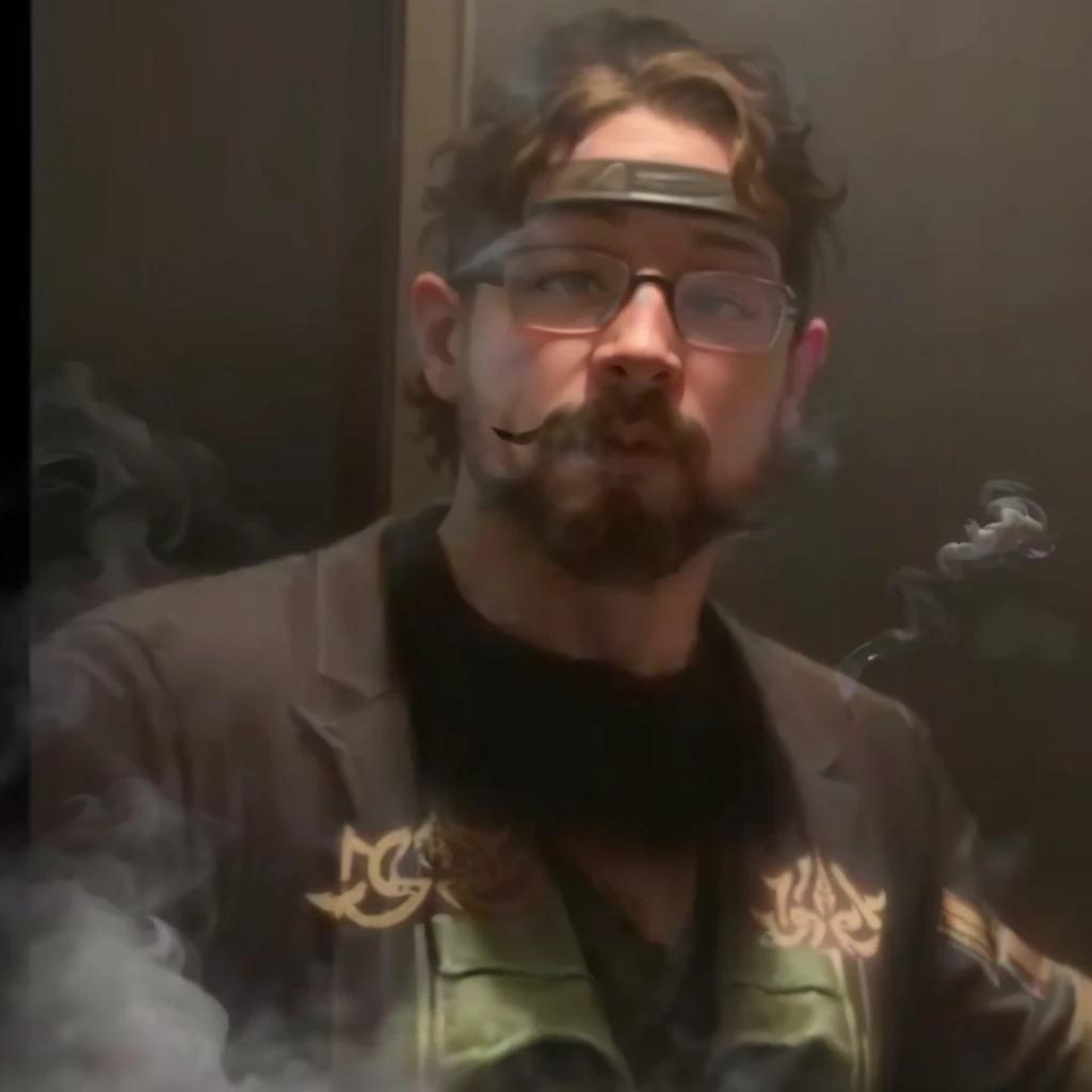 there is a man with glasses and a beard standing in front of a mirror, sam hyde in god of war 4, sam hyde, in front of smoke behind, transparent smoke from hell, thick dark smoke!, smogpunk, smoke is flowing, portrait of sam hyde, low quality video, while smoking a cigar, smoking massive amounts of weed, smoke in front