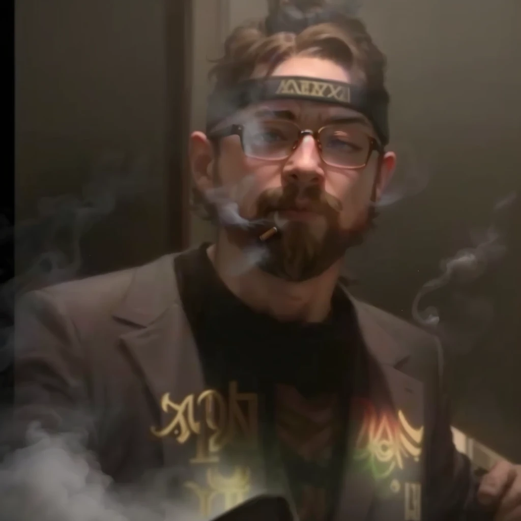 there is a man with glasses and a beard standing in front of a mirror, sam hyde in god of war 4, sam hyde, in front of smoke behind, transparent smoke from hell, thick dark smoke!, smogpunk, smoke is flowing, portrait of sam hyde, low quality video, while smoking a cigar, smoking massive amounts of weed, smoke in front