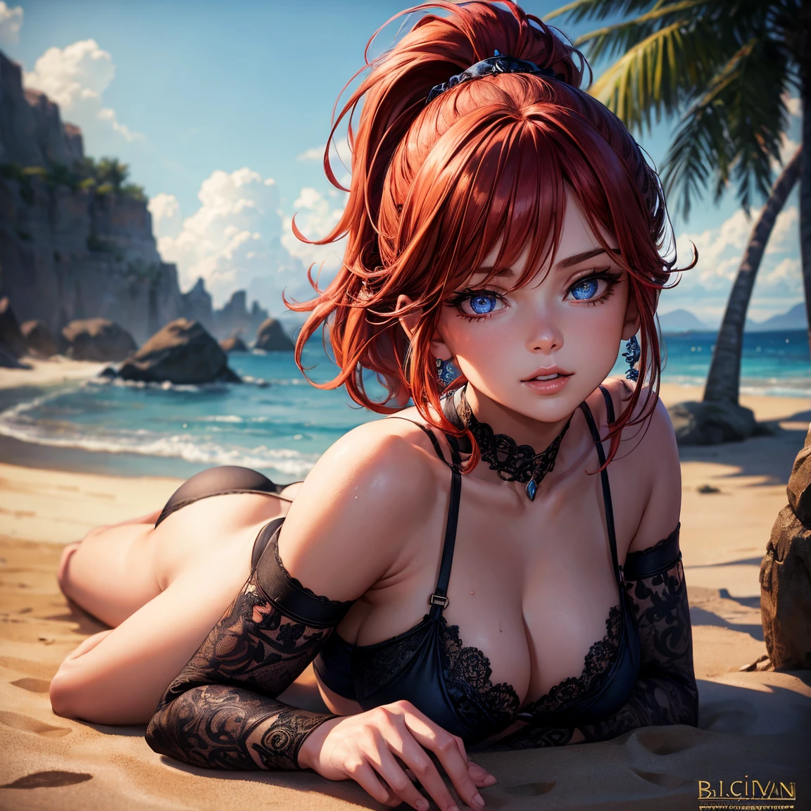 very old woman, 1girl, short redhead ponytail hair, breasts, blue eyes, happy face, black bras and panties, full body, lying on the sand, beach, incredibly sexy body, detailed face, beautiful detailed eyes, beautiful detailed lips, extremely detailed eyes and face, long eyelashes, intricate details, highly detailed, photo realistic, 8k, best quality, masterpiece, cinematic lighting, dramatic lighting, vibrant colors, fantasy, digital art, concept art