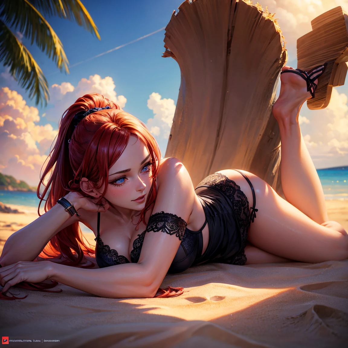 very old woman, 1girl, short redhead ponytail hair, breasts, blue eyes, happy face, black bras and panties, full body, lying on the sand, beach, incredibly sexy body, detailed face, beautiful detailed eyes, beautiful detailed lips, extremely detailed eyes and face, long eyelashes, intricate details, highly detailed, photo realistic, 8k, best quality, masterpiece, cinematic lighting, dramatic lighting, vibrant colors, fantasy, digital art, concept art