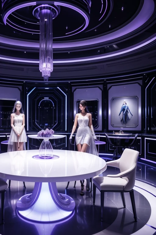 Group of five people of fashion designers ,designing some futuristic and Roman style hologram dresses on the white table,in a futuristic and art deco style design room,with blue walls, with white details and large round violet lamps hanging from the ceiling,with violet armchairs, In the middle of the room a long, wide white table,a futuristic hologram mannequin above the table