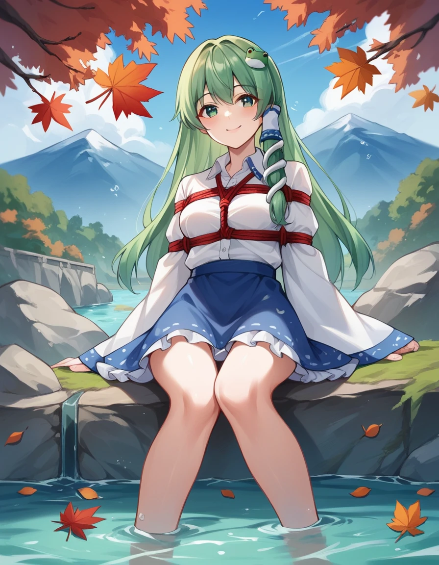 check_9, check_8_up, check_7_up, check_6_up, check_5_up, check_4_up, source_Anime, rating_safe, BREAK Kochiya Sanae, 1 girl, green hair, long hair, green eyes, frog hair decoration, hair tubes, snake hair decoration, collared shirt, White shirt, cut off sleeves, wide sleeves, Blue skirt, frilled skirt, smile, Dutch corner, Looking at the viewer, facing the viewer, stone, Sitting, River, spray, Water, from below, mountainous horizon, Autumn leaves, Autumn, in bed, shibari, embarrassed, gag ring
