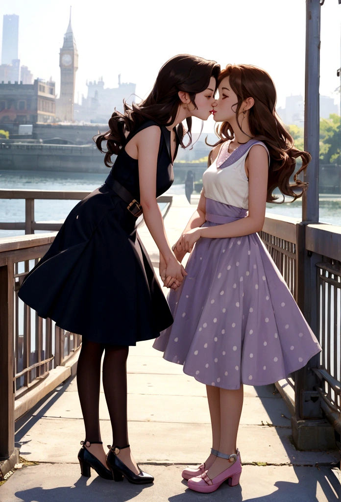 a A captivating and tender anime-style illustration of two women, in love, standing on a beautiful bridge facing each other. The first woman is a beautiful young woman with British (Anin) features, semi-long light brown hair held on one side by a delicate buckle and is dressed in a 50's style sleeveless dress in light lilac with small white polka dots and low-heeled shoes. About to kiss the second woman is a beautiful young woman with Asian (Pin) features, dark brown hair, and she is dressed in a 50's style sleeveless dress, pastel pink, and is wearing low-top shoes. she seems surprised and shy about the kiss they are about to give her.
The image exudes complicity and tenderness between the two.