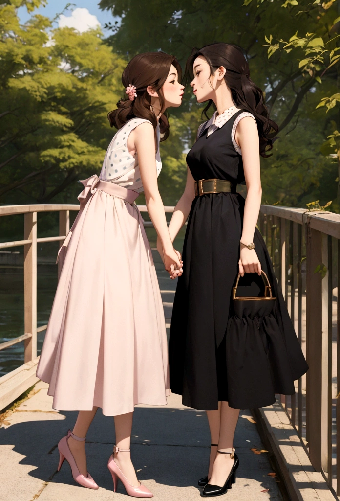 a A captivating and tender anime-style illustration of two women, in love, standing on a beautiful bridge facing each other. The first woman is a beautiful young woman with British (Anin) features, semi-long light brown hair held on one side by a delicate buckle and is dressed in a 50's style sleeveless dress in light lilac with small white polka dots and low-heeled shoes. About to kiss the second woman is a beautiful young woman with Asian (Pin) features, dark brown hair, and she is dressed in a 50's style sleeveless dress, pastel pink, and is wearing low-top shoes. she seems surprised and shy about the kiss they are about to give her.
The image exudes complicity and tenderness between the two.
