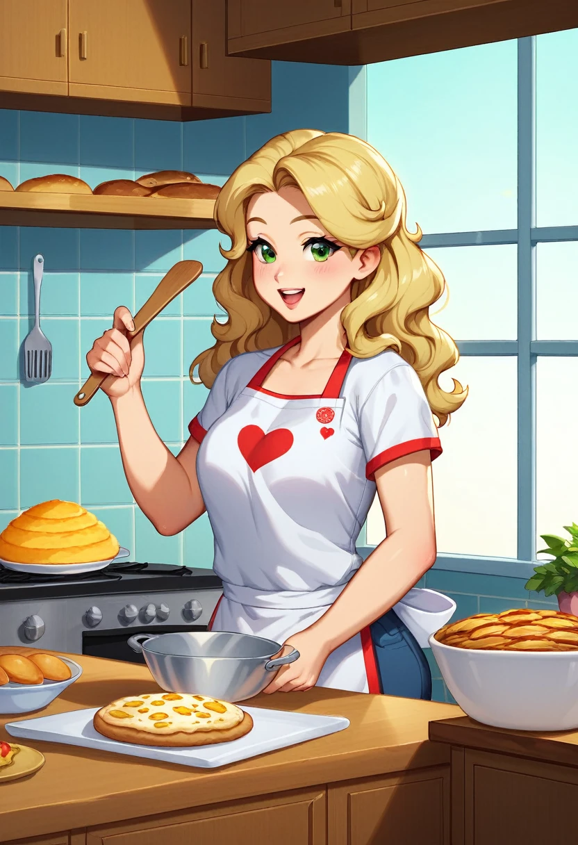 (german woman, age 25, green eyes detailed wavy hair with moth, blonde , heartthrob style, Grinning,  wearing a t-shirt, cooking apron), helping by making pizzas with cheese edges, on a granite table, with wheat flour, olive oil, biological ferment , mineral water, preparing the dough and baking it in a portable oven on a marble countertop in a small kitchen in an apartment in Tokyo, Japan 