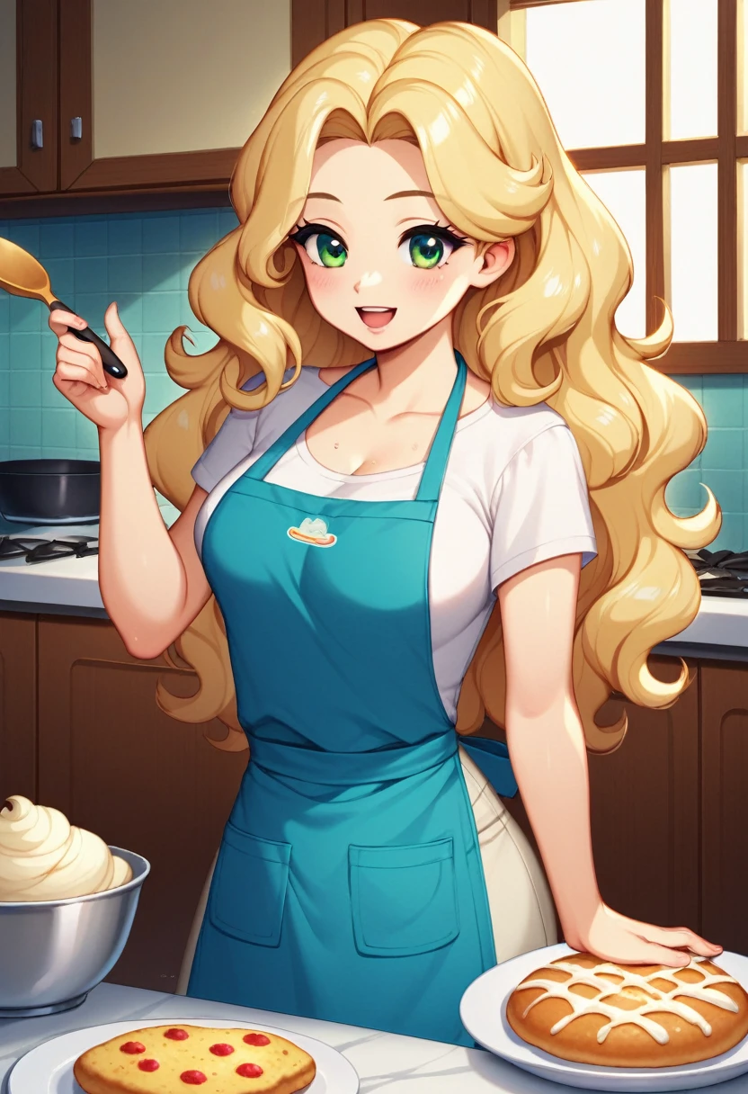 (german woman, age 25, green eyes detailed wavy hair with moth, blonde , heartthrob style, Grinning, wearing a t-shirt, cooking apron), helping by making pizzas with cheese edges, on a granite table, with wheat flour, olive oil, biological ferment , mineral water, preparing the dough and baking it in a portable oven on a marble countertop in a small kitchen in an apartment in Tokyo, Japan