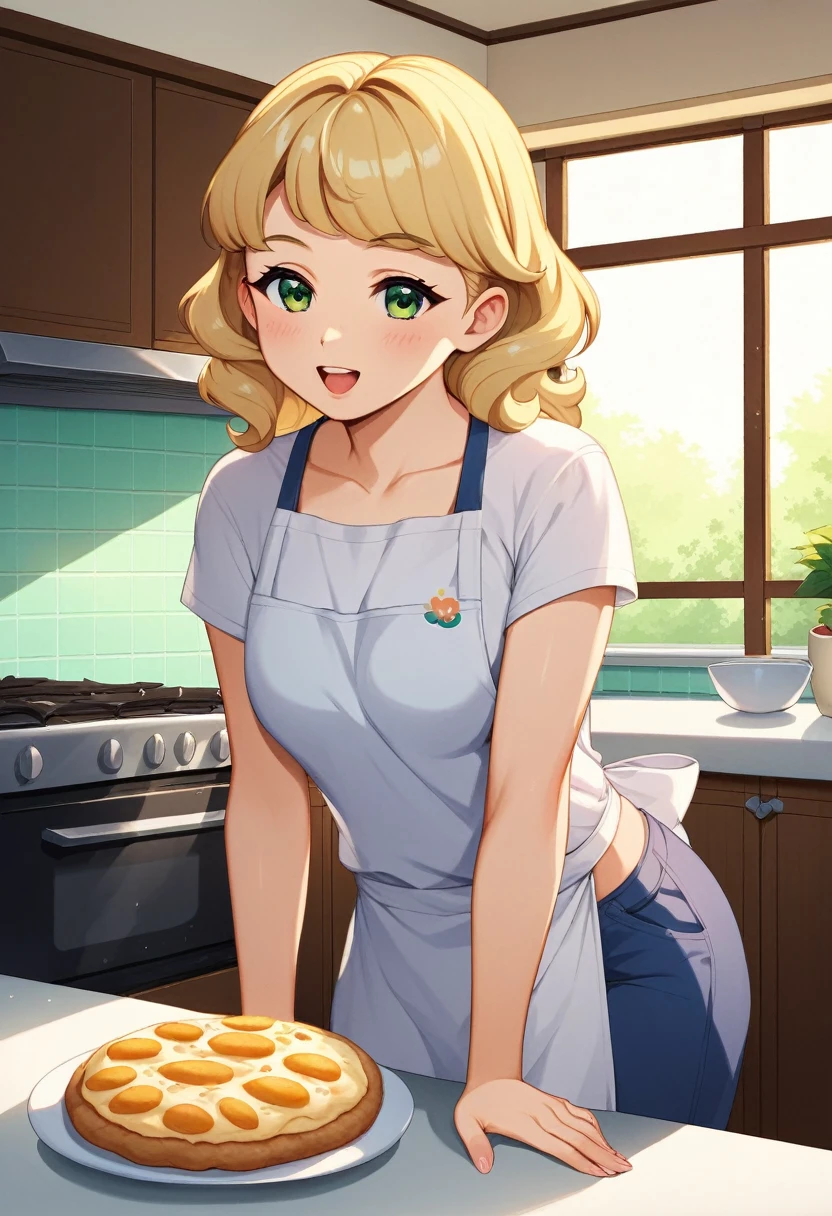 (german woman, age 25, green eyes detailed wavy hair with moth, blonde , heartthrob style, Grinning, wearing a t-shirt, cooking apron), helping by making pizzas with cheese edges, on a granite table, with wheat flour, olive oil, biological ferment , mineral water, preparing the dough and baking it in a portable oven on a marble countertop in a small kitchen in an apartment in Tokyo, Japan
