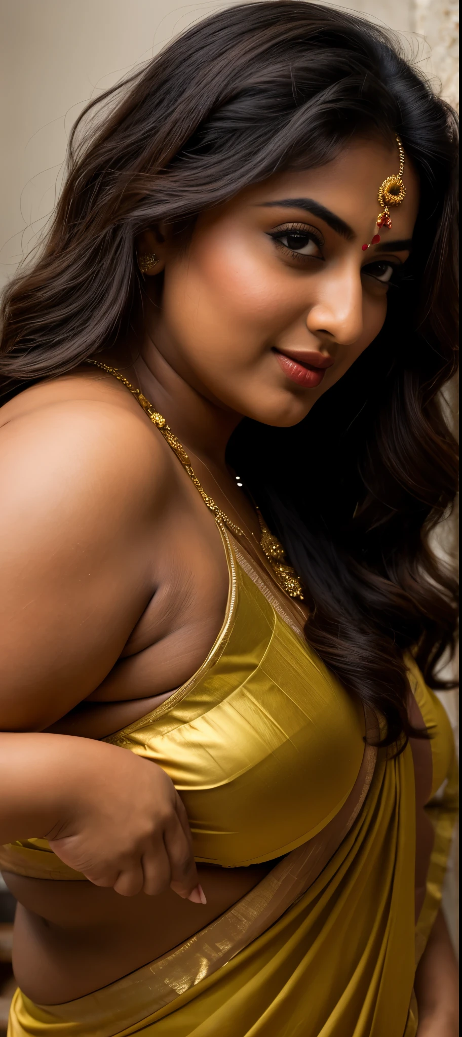 Foto RAW, photorealistic, photography, full body shot, master shot, perfect eyes, goddess like beauty, pierced eyes, perfect thick chubby mallu Desi aunty bhabhi, Full figured woman, juicy thick figure, bulky figure, curvy, fleshy curvy figure, voluptuous body, wide body, full figured aunty, Sexy navel folds, fleshy figure, heavy figure, Wearing a Stanapatta, a chest-band.Saree model, model Photography, Indian saree shoot, Indian traditional wear advertising photography, traditional wear brand shoot, face of Indian actress Sonakshi Sinha, masterpiece, realistic, realism, incredible details, pleasure, photorealism, detailed skin, skin pores, high contrast, photorealistic Artstation 8k HD digital art trend of high definition and detailed realistic skin texture, ultra detail, realistic skin texture, armature, best quality, ultra high definition, (photorealistic:1.4),, high resolution, detail, raw photo, sweat, Re sharp, by Lee Jefferies Nikon D850 Film Stock Photo 4 Kodak Portra 400 Camera F1.6 Lens Rich Color Ultra Real Realistic Realistic Textures Dramatic Lighting Unreal Engine Trending at Art Station Cinestill 800,(pele altamente detalhada: 1.2), 8k UHD, DSLR, soft-lighting, alta qualidade, grain of film, Fujifilm XT3,she didn't like to wear blouse or bra, She doesn't like to wear bra or blouse as it is against her traditional customs, wearing a Bra or blouse is against her forbidden in her tribes ritual, traditional no blouse saree, detailed hairy armpits, hyper realistic skin, skin pores, sweat, veins, juicy deep navel,