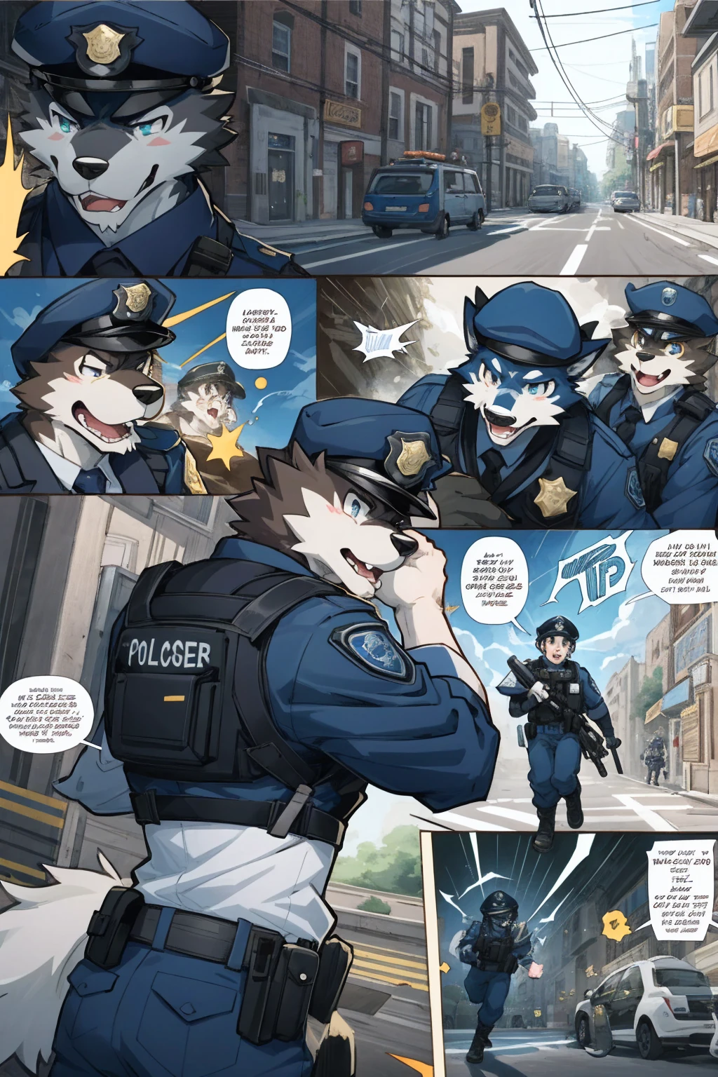 top quality, best quality, highres, masterpiece, super high resolution, detailed background, street, gasping for air(super handsome boys, dog)police officer, swat, police uniform, 6+boys, 6+girls, absurdres(highly detailed beautiful face and eyes)perfect anatomy, good lighting, cinematic shadow(kemono, furry anthro)assorted expressions, assorted poses, assorted angles, full body, upper shot, dynamic angle(boys comic-like panel layouts, speech balloon, English text, Hand-drawn sound effects stickers used in battle comic),