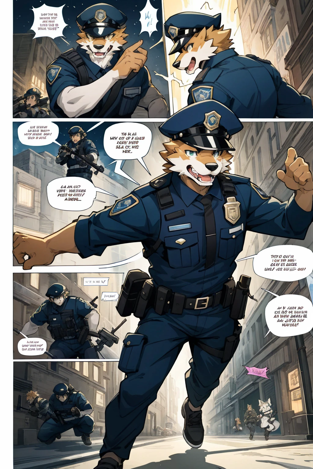 top quality, best quality, highres, masterpiece, super high resolution, detailed background, street, gasping for air(super handsome boys, dog)police officer, swat, police uniform, 6+boys, 6+girls, absurdres(highly detailed beautiful face and eyes)perfect anatomy, good lighting, cinematic shadow(kemono, furry anthro)assorted expressions, assorted poses, assorted angles, full body, upper shot, dynamic angle(boys comic-like panel layouts, speech balloon, English text, Hand-drawn sound effects stickers used in battle comic),