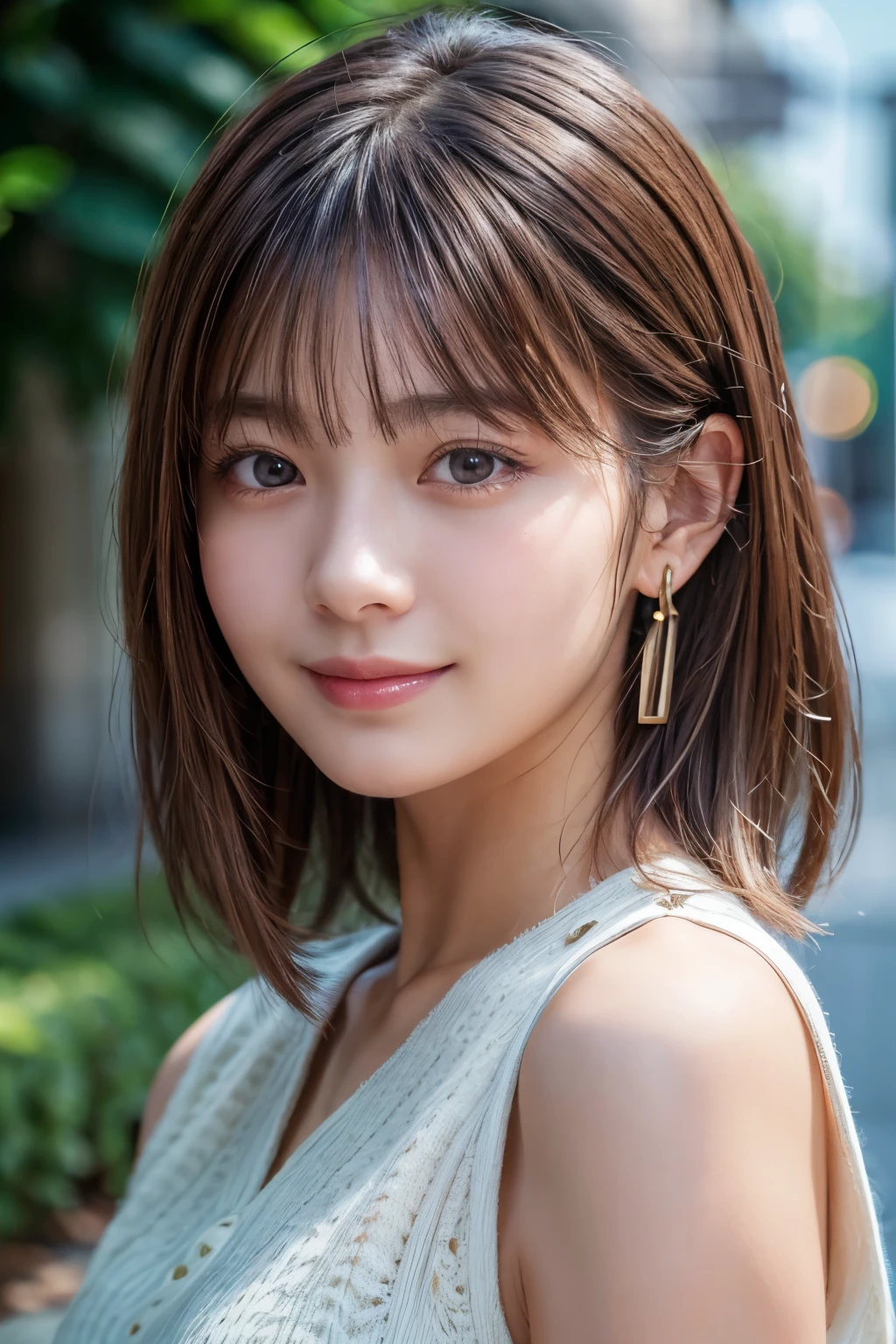 Upper Body、Beauty、Well-formed face、20-year-old、Uniform eyes、Small face、, light brown hair, hair over shoulder, parted bangs, straight hair, expressive hair, shiny hair, earrings, seductive smile, Surrealism, cinematic lighting, first-person view, pov, f/1.2, Nikon, UHD, textured skin, best quality, highres, 8k