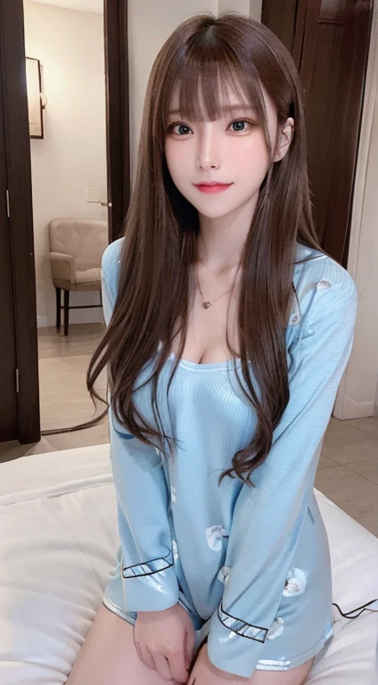 bright expression、photorealisim、top-quality、超A high resolution、a picture、Photos of the most beautiful Nordic girls、Detailed cute and beautiful face、a small face、(pureerosface_v1:0.008)、Beautiful bangs、alice in the wonderland、18year old、(thighs thighs thighs thighs:1.2)、full body Esbian、Glowing white shiny skin、Hair tangled in the face、Bangs that extend to the face、bangss、Hair between the eyes、Super long hair、Attractive brown straight silky hainer hair、Attractive sparkling beautiful bright clear light blue eyes、(pajamas:1.2)、eye liner、Double eyelids、ample breasts、Dynamic Pose