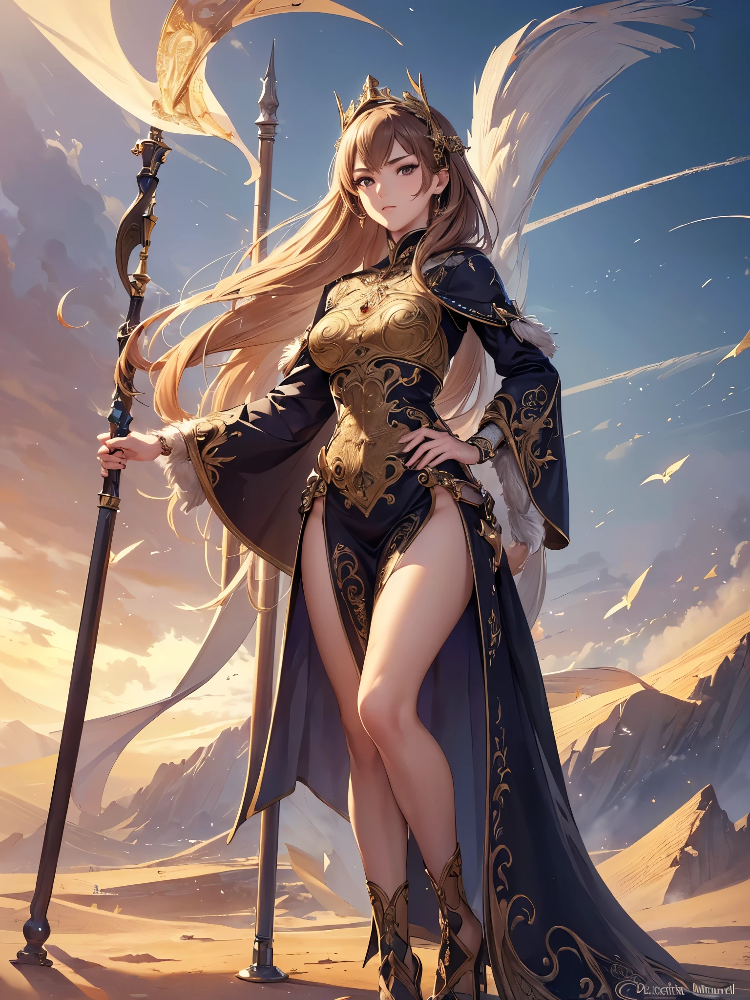 ((Highest quality)),(Ultra-high resolution),(Ultra-detailed new),(Detailed Description),((The best CG)),(masterpiece),Highly detailed art,A wonderful new art form,(Art with precise details:1.5), (woman:1.4),(Intricate and detailed:1.7),(Beautiful and well-proportioned face:1.6),(Straight face:1.4),(Pole Stand:1.9),(Lustrous fur:1.4),(Raise the Lance:1.5),(Dynamic Pose:1.5), (Dust rising:1.7), (The wind blowing through:1.5), (Flying Light:1.6), Fantasy:1.6,