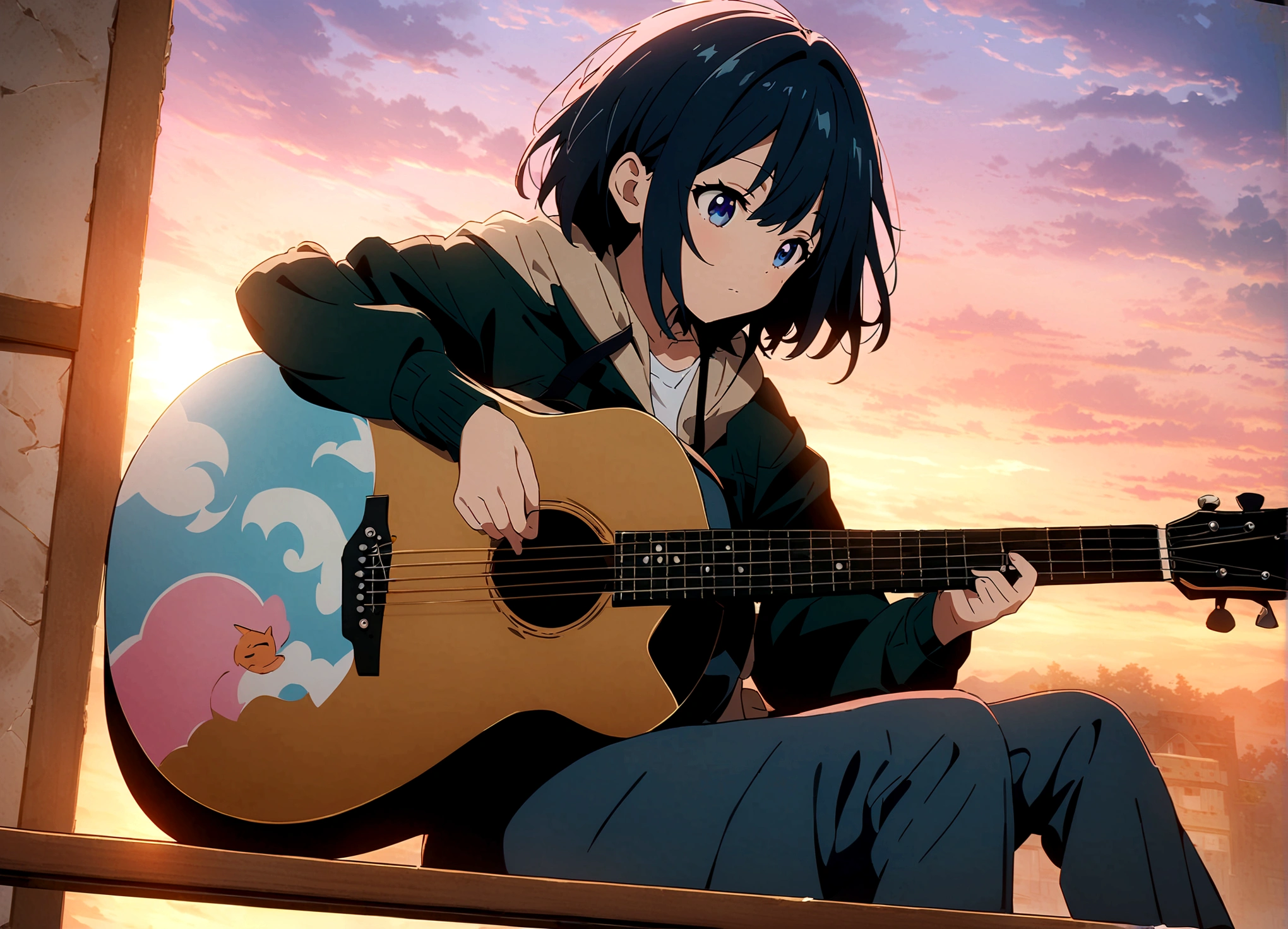 Anime boy sitting on the shelf and playing guitar at sunset, Anime Art Wallpapers 8K, anime art wallpaper 4k, anime art wallpaper 4k, Anime-Stil 4K, anime wallpaper 4k, anime wallpaper 4k, anime wallpaper 4k, Manga-Tapete, 4K wallpaper, makoto shinkai cyril rolando, Girl playing guitar, Lofi Girl