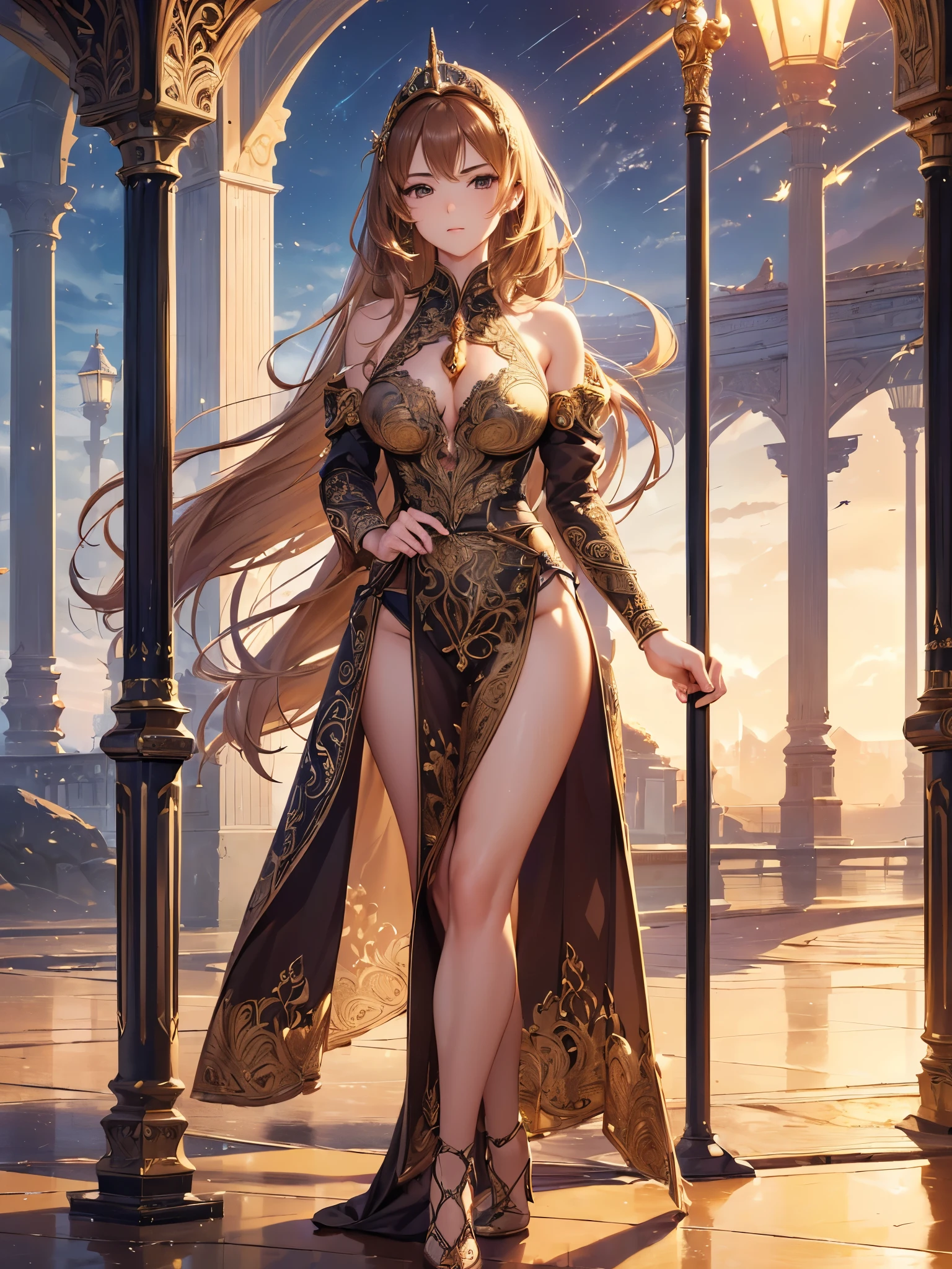 ((Highest quality)),(Ultra-high resolution),(Ultra-detailed new),(Detailed Description),((The best CG)),(masterpiece),Highly detailed art,A wonderful new art form,(Art with precise details:1.5), (woman:1.4),(Intricate and detailed:1.7),(Beautiful and well-proportioned face:1.6),(Straight face:1.4),(Pole Stand:1.9),(Lustrous fur:1.4),(Raise the Lance:1.5),(Dynamic Pose:1.5), (Dust rising:1.7), (The wind blowing through:1.5), (Flying Light:1.6), Fantasy:1.6,