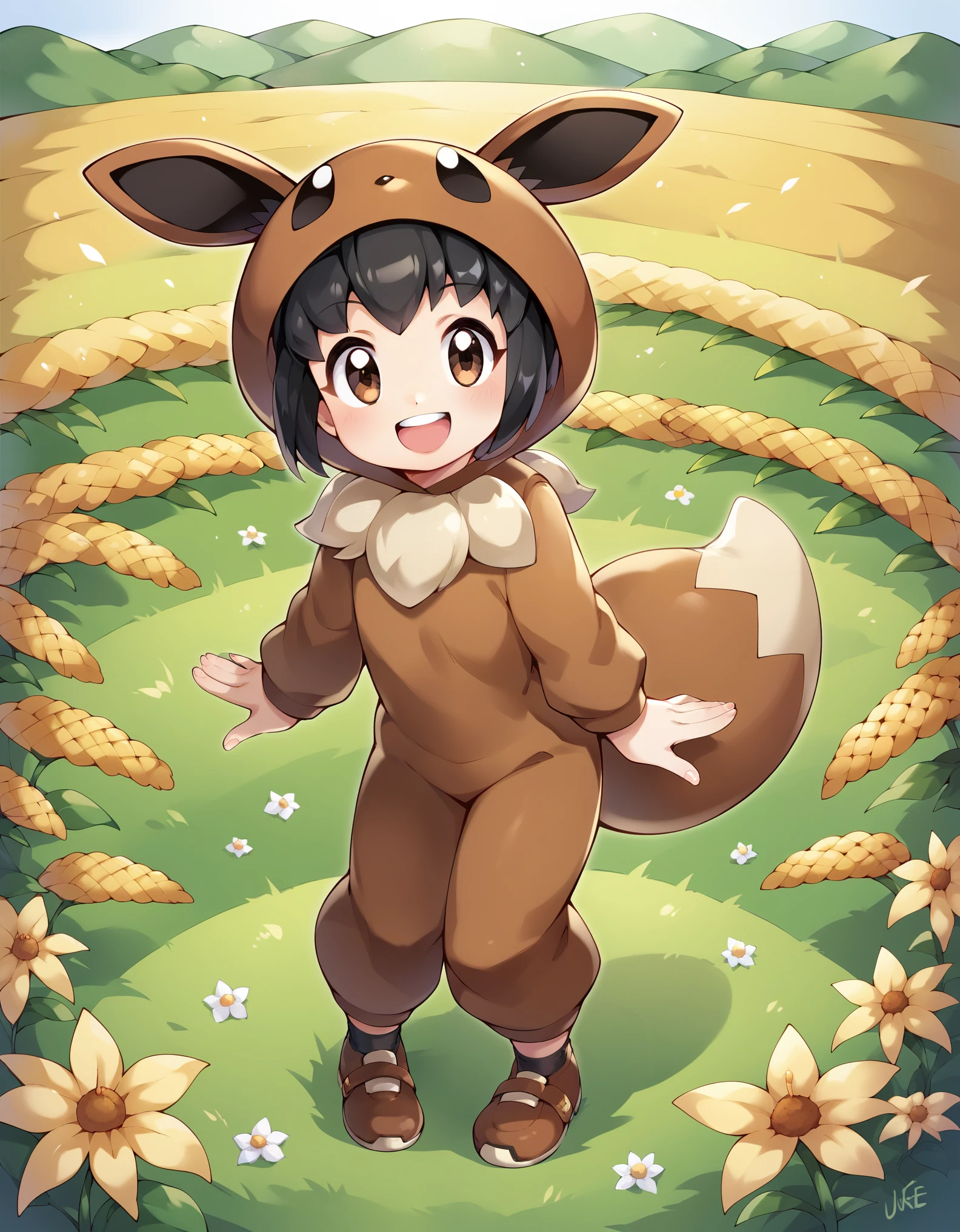 Score_9, Score_8_up, score_7_up, score_6_up, solo, 1girl, 1pokekid1, black hair, short hair, brown eyes, brown onesie, brown hood, brown footwear, black socks, fake animal ears, fake tail, smile, full body, wheat field