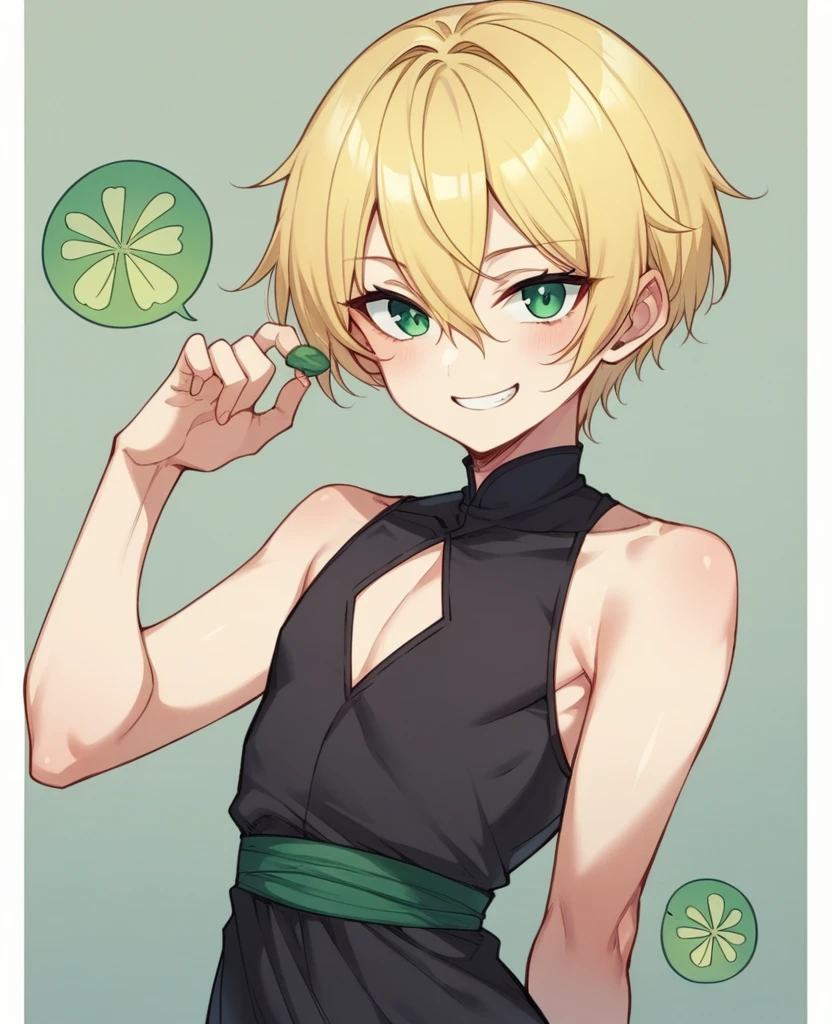 (One girl)、((short hair))、((Blonde))、(Sato Air)、((boyish))、Crossdresser、((flat chest))、green eyeage))、black robe、Black sleeveless、((hairs between eyes))、light smile