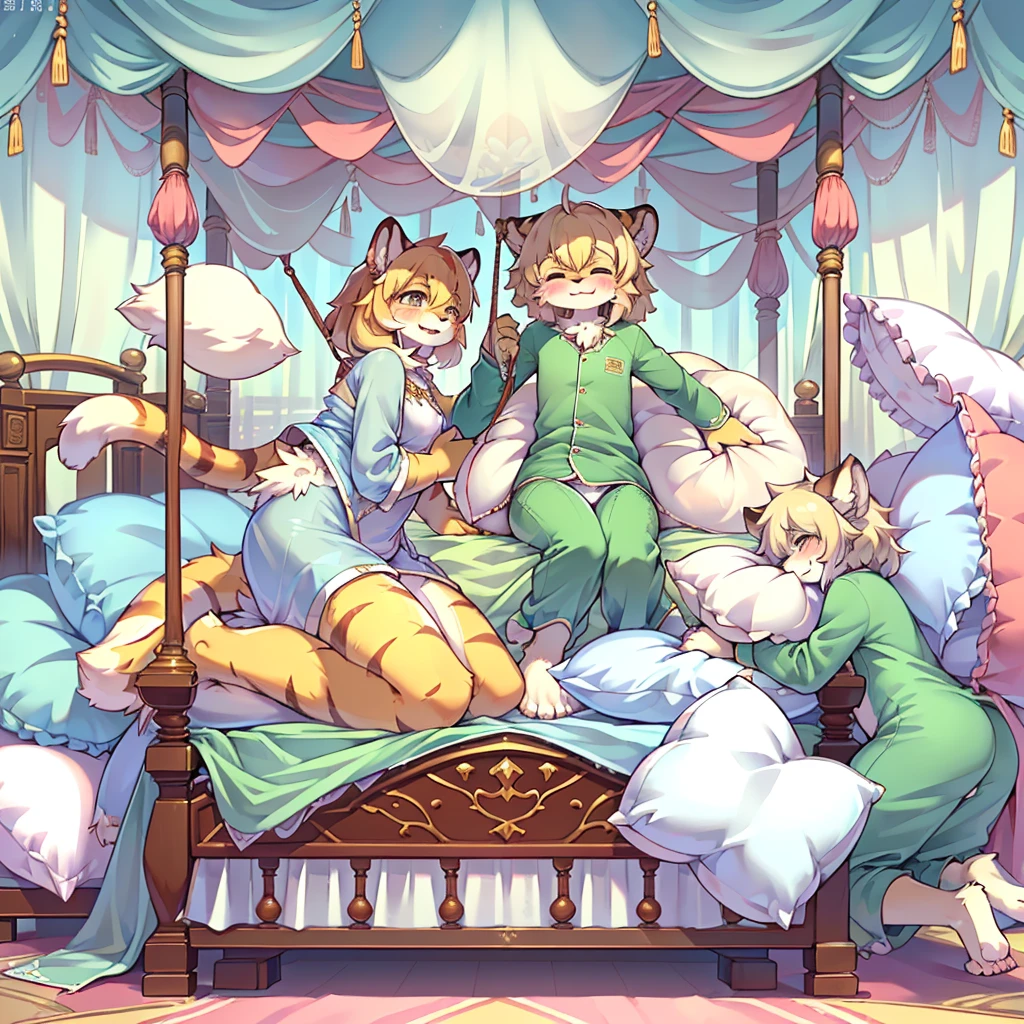 (masterpiece,best quality),my own, The Beast, , (适合任何Pillow背景的光影)), 穿着pajamas可爱女孩在Pillow上摆姿势 ,pajamas,,(很多Pillow),Soft cushion,,,(Pillow损坏),很多Pillow,(Crotch rubbing),((Pillow驼峰)),(Pillow),(A tail),,(充满细节的Pillow),(Love around the protagonist),Steam,,(Pillow),(palace),(Palace bedroom),(Pillow),柔软的Pillow,,(Classical European style bedroom ),(excited,shy person,Lack of expressiveness,),,,my,tiger tail,tiger ears,Tiger pattern,,Sweat,,Sweaty,(Body swing,身体Shaking lines,Shaking lines),best quality, masterpiece, ((Maximum resolution)), artwork, ,,,(Interior of the palace),,(Deluxe Rococo Canopy King Bed),On a big and spacious bed,(),,,,Luxurious curtains with ornate ruffles and ribbons surround the bed,((((There are many pillows piled on the bed)))),Detail of Quilt,Detailed bed sheets,Ruffled Bed Skirt,Deep Bed,Background with depth,((详细的Pillow)), ((((大量的Pillow)))),,Shaking lines,,Flowing liquid,Violent body shaking,剧烈Shaking lines,详细的软Pillow,,((女孩正躺在许多柔软的Pillow上,周围有许多Pillow)),Splashed liquid,,,大量Sweaty,快乐的女孩们穿着pajamas和Pillow打架 。Many small feathers fluttering、Long sleeve, 带褶边和缎带的长裙pajamas、In a huge, Large canopy bed、Soft pink sheets and quilt、色彩鲜艳的柔软Pillow、很多带褶边的Pillow和带褶边的床裙、Soft toned bed、Ruffled curtains around the bed.。Delicate face。Background with depth,