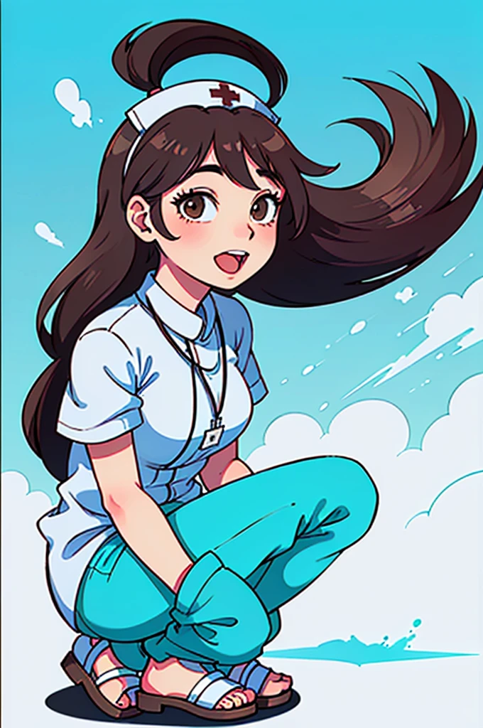 (score_9,score_6_up, score_5_up, score_4_up, masterpiece, best, quality, source_anime, highly detailed, 1girl, solo, brown hair, long hair, nurse cap, turquoise nurse uniform, turquoise pants, squatting, white socks, sandals, happy, in the hospital)