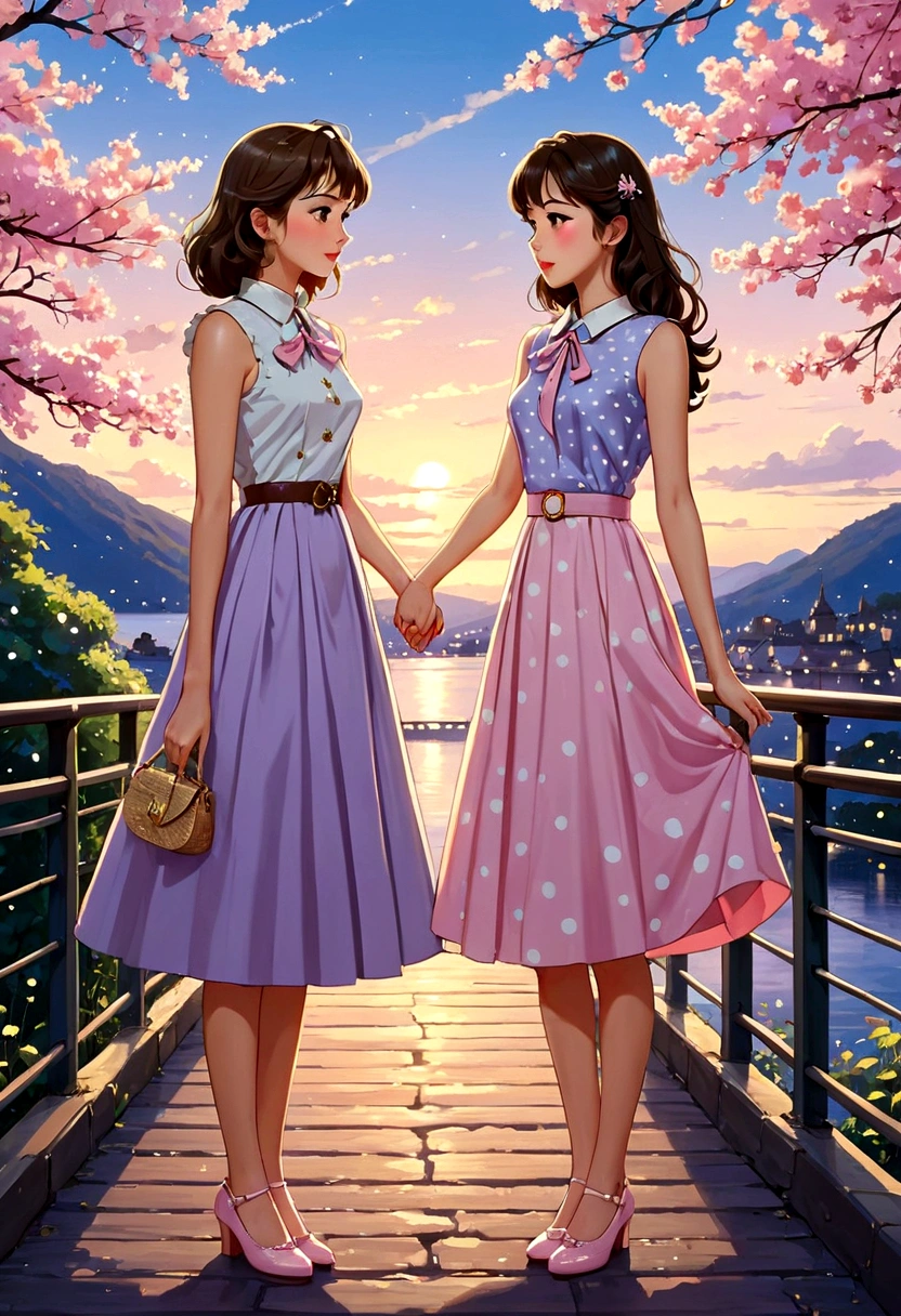 a A captivating and tender anime-style illustration of two women, in love, standing on a beautiful bridge facing each other. The first woman is a beautiful young woman with British (Anin) features, semi-long light brown hair held on one side by a delicate buckle and is dressed in a 50's style sleeveless dress in light lilac with small white polka dots and low-heeled shoes. About to kiss the second woman is a beautiful young woman with Asian (Pin) features, dark brown hair, and she is dressed in a 50's style sleeveless dress, pastel pink, and is wearing low-top shoes. she seems surprised and shy about the kiss they are about to give her.
The image exudes complicity and tenderness between the two.