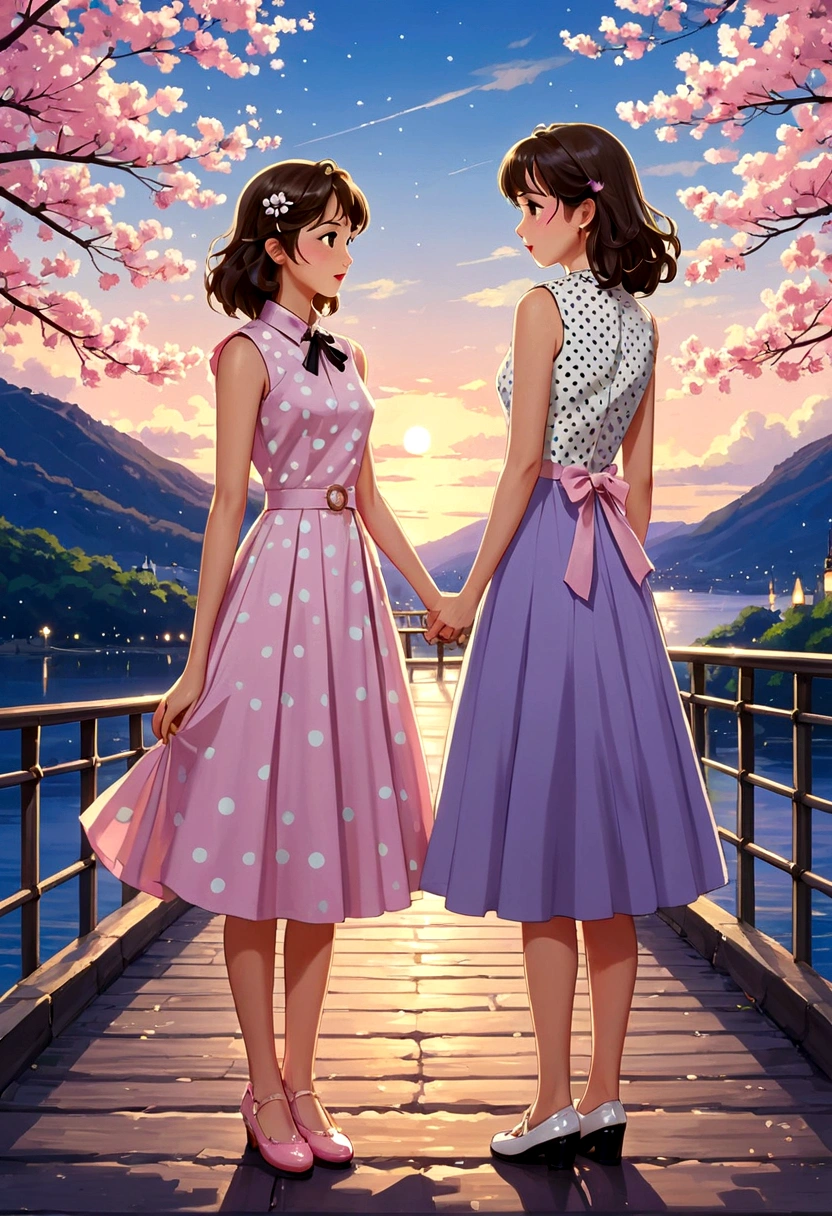 a A captivating and tender anime-style illustration of two women, in love, standing on a beautiful bridge facing each other. The first woman is a beautiful young woman with British (Anin) features, semi-long light brown hair held on one side by a delicate buckle and is dressed in a 50's style sleeveless dress in light lilac with small white polka dots and low-heeled shoes. About to kiss the second woman is a beautiful young woman with Asian (Pin) features, dark brown hair, and she is dressed in a 50's style sleeveless dress, pastel pink, and is wearing low-top shoes. she seems surprised and shy about the kiss they are about to give her.
The image exudes complicity and tenderness between the two.
