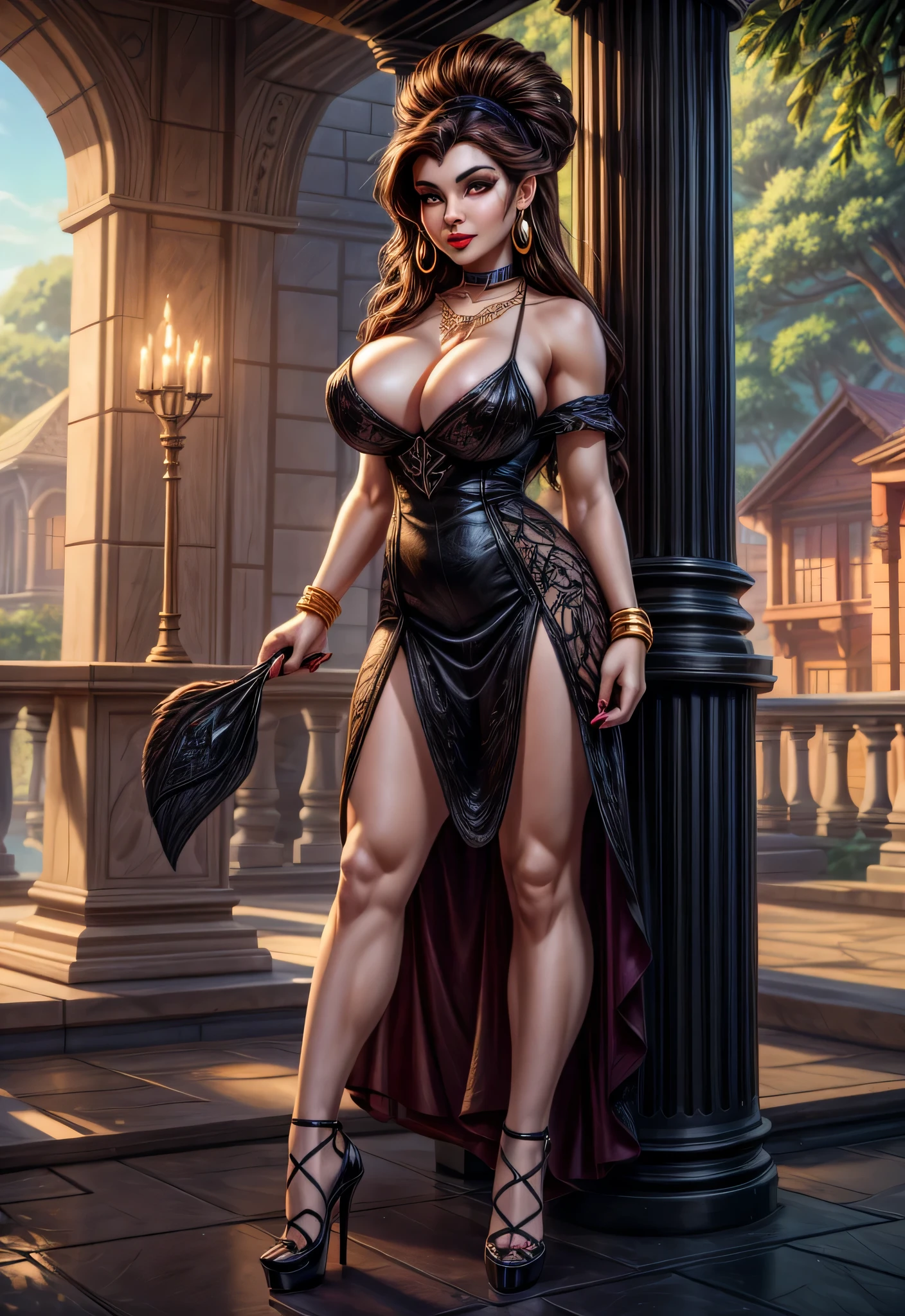 UHD 8k, HDR+, Copyright Disney Disney villains The Little Mermaid Character Ursula Artist Bunbunmuffinart General 1girls big breasts breasts naked breasts outside naked breasts female female focus female only Brunette light skin light skinned woman looking at viewer mature woman milf stepmom nipples, brunette with necklace, large piercing eyes, huge earrings, giant earrings, gold bracelets on her arms, her long jet black hair flowing down her shoulders, Black high heel shoes, High heels, black gothic dress, detailed background, realistic, 1girl, solo girl, 20 year old girl, ultra realistic face, hyperrealistic, hyperdetailed, (looking at viewers), sharpen, detailed face, detailed eyes, detailed lips, red lips, beautiful face, 16k, FHD, raw photo, cute face mesh, pretty face mesh, portrait shot 8 k