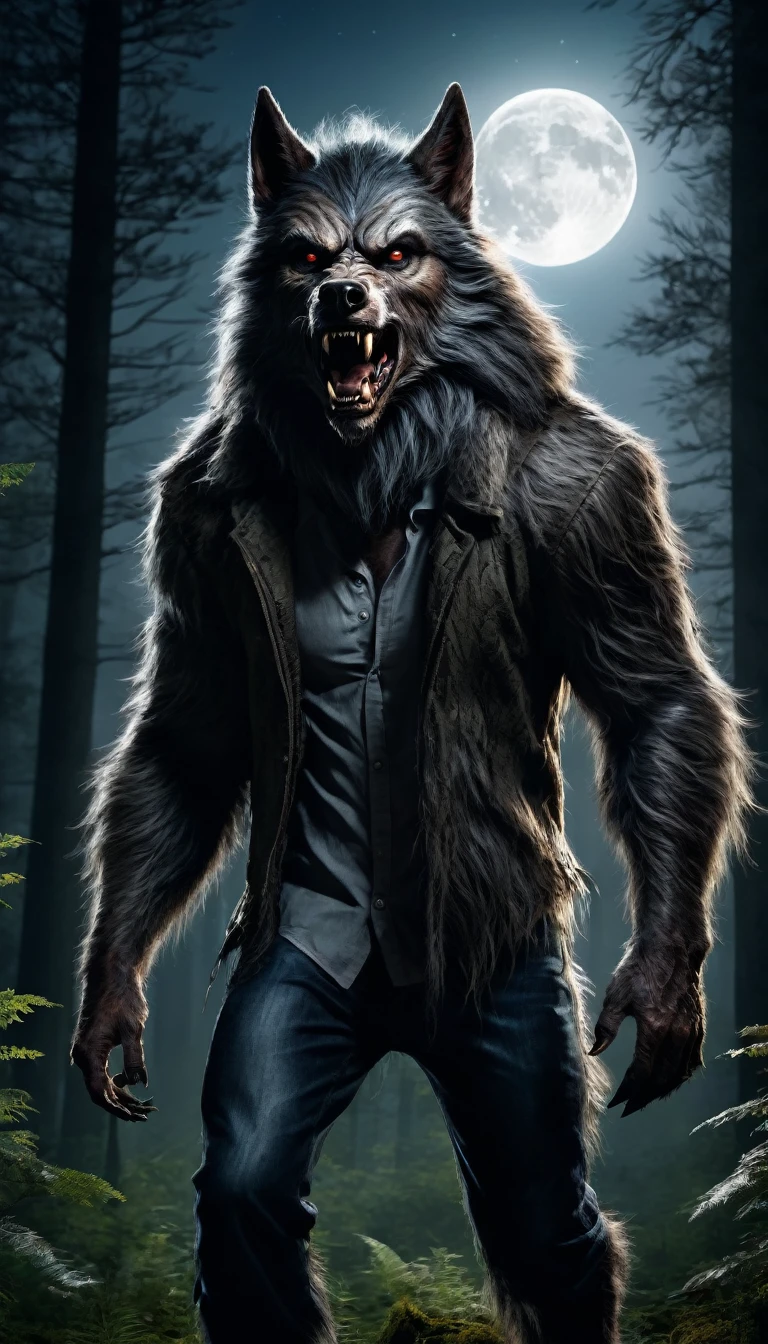 An image of a man in the form of a standing werewolf, looking straight ahead, in the forest with full moon, PICTURE REALISTIC, high resolution, 8K