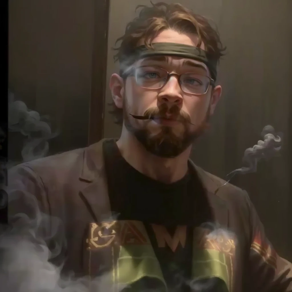 there is a man with glasses and a beard standing in front of a mirror, sam hyde in god of war 4, sam hyde, in front of smoke behind, transparent smoke from hell, thick dark smoke!, smogpunk, smoke is flowing, portrait of sam hyde, low quality video, while smoking a cigar, smoking massive amounts of weed, smoke in front