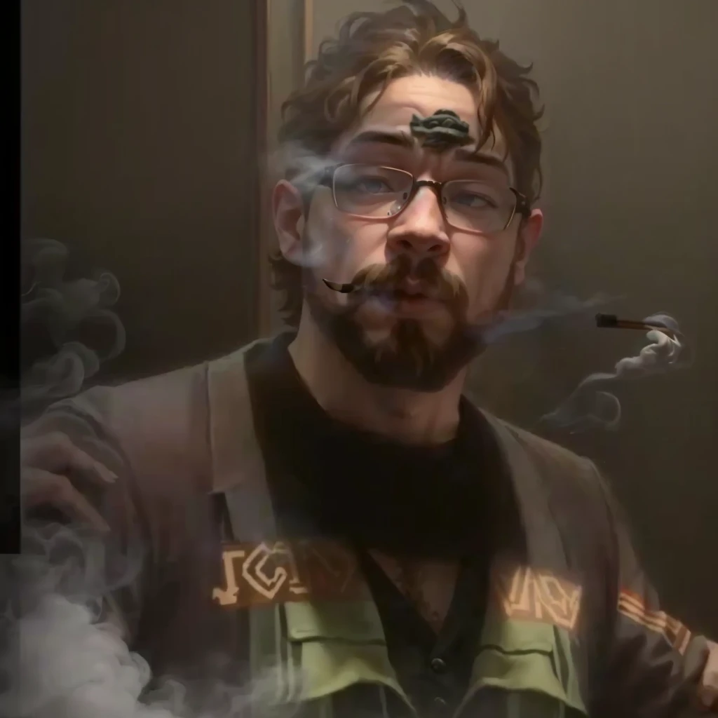 there is a man with glasses and a beard standing in front of a mirror, sam hyde in god of war 4, sam hyde, in front of smoke behind, transparent smoke from hell, thick dark smoke!, smogpunk, smoke is flowing, portrait of sam hyde, low quality video, while smoking a cigar, smoking massive amounts of weed, smoke in front