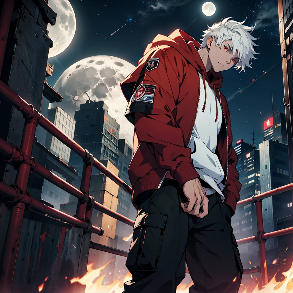 Male anime boy , short white hair, red eyes, wearing red hoodie, black cargo pants, city, night, moon and stars in sky, absurdres, high res, ultrasharp, 8K, masterpiece, looking at viewer