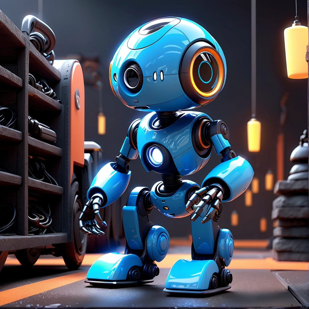 small robot, cute, pixar, unreal engine, tron, color blue, hyper detailed, volumetric lighting