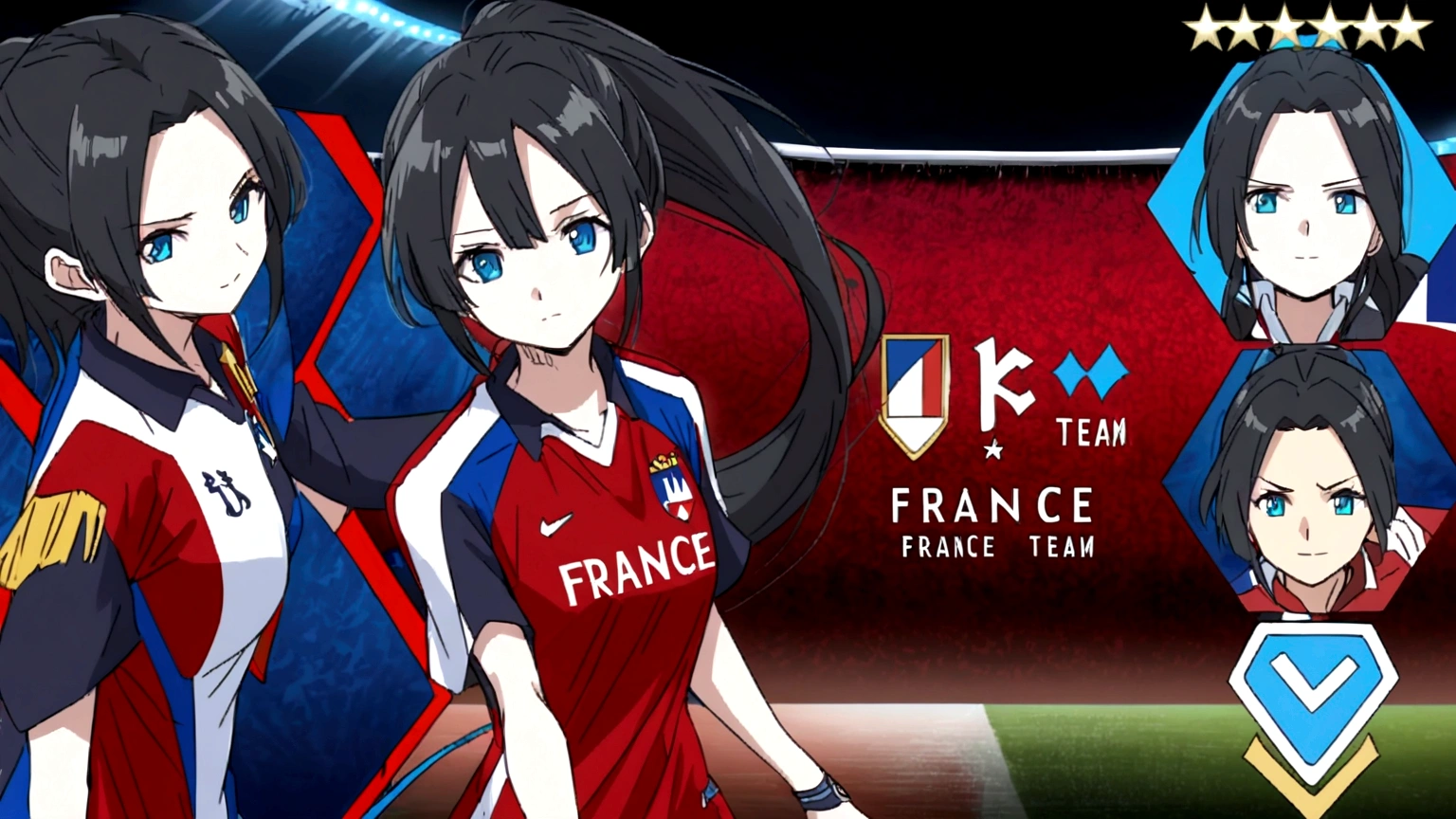 (anime,2D)Women,soccer player,black fur,wide,fringe,collected in a ponytail,clear skin,Light blue eyes,France national team clothing, In a soccer field.