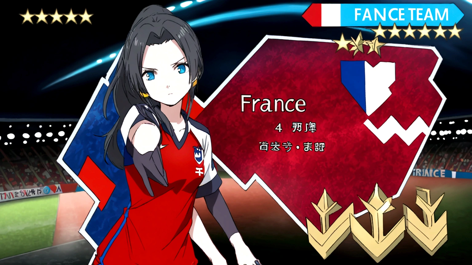 (anime,2D)Women,soccer player,black fur,wide,fringe,collected in a ponytail,clear skin,Light blue eyes,France national team clothing, In a soccer field.