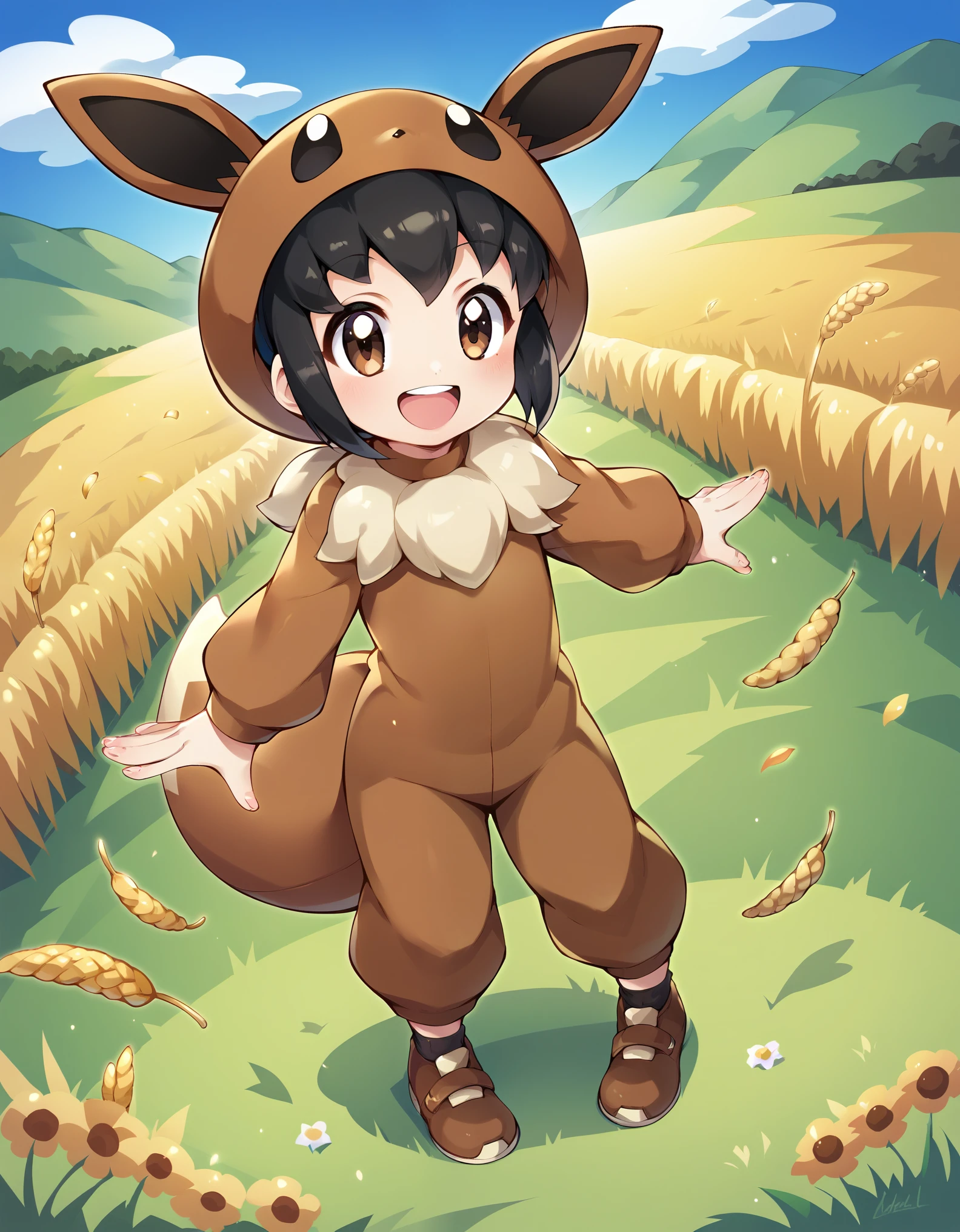 Score_9, Score_8_up, score_7_up, score_6_up, solo, 1girl, 1pokekid1, black hair, short hair, brown eyes, brown onesie, brown hood, brown footwear, black socks, fake animal ears, fake tail, smile, full body, wheat field