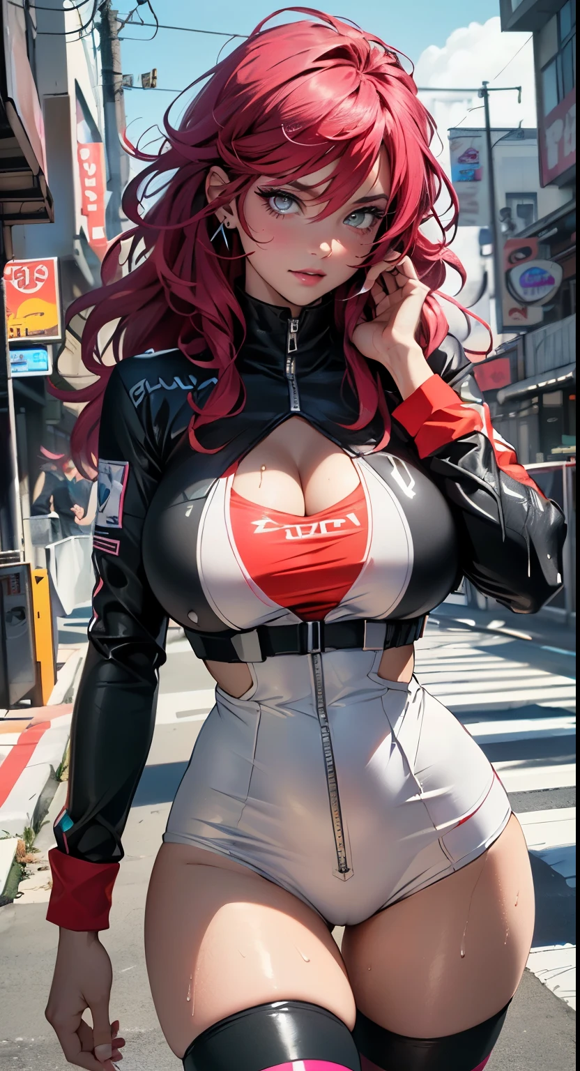 cute pit girl,(((1girl))),((pit girl with extremely cute and beautiful red hair)),
((huge breasts:1.4)),perfect breasts,(((red voluminous hair:1.35,absurdly long unkempt hair,colored inner hair,ear breathing,large hair))),((heterochromia:1.5, (red_eye and pink_eye))),intricate eyes,beautiful detailed eyes,symmetrical eyes,((fat)),(((lustrous skin:1.5,bright skin: 1.5,skin tanned,shiny skin,very shiny skin,shiny body,plastic glitter skin,exaggerated shiny skin,illuminated skin,wet legs))),(spider lower abdomen,narrow waist,wide hip,athletic body,inflated legs,detailed body,(detailed face)),((((huge muscles))))
cute,slutty,seductive,erotic,(nsfw),
zettai ryouiki,(((race queen style costume, attractive companion costumes,pit girl costume))),(magenta suit unbuttoned,magenta costume),(((huge cleavage))),cleavage cutout,((wet clothes,intricate outfit,intricate clothes)),
(dynamic pose:1.0),solo focus,embarrassed,(centered,scale to fit dimensions,Rule of thirds),
cyberpunk city by the ocean at night, with bright neon signs and dark stormy clouds and puddles, scenery:1.25,
artistic photography,(photography taken by sldr),highres, sharp focus, (ultra detailed, extremely detailed), (photorealistic artwork:1.37),(extremely detailed CG unity 8k wallpaper),((synthwave background theme)),(((vibrant colors))),(intricate background),(masterpiece),(best quality),